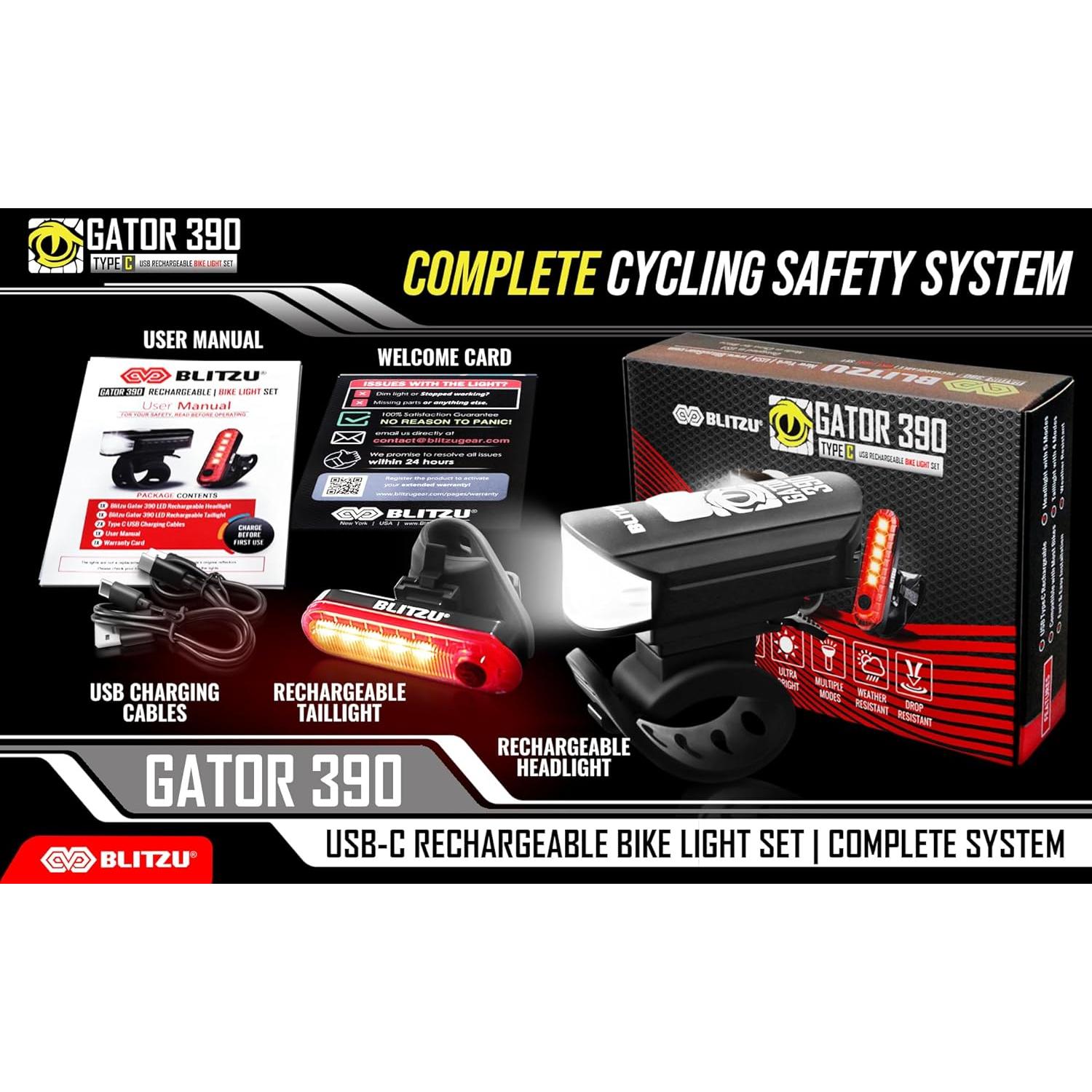 Juego de Luces de Bicicleta BLITZU Gator 390 Recargables LED