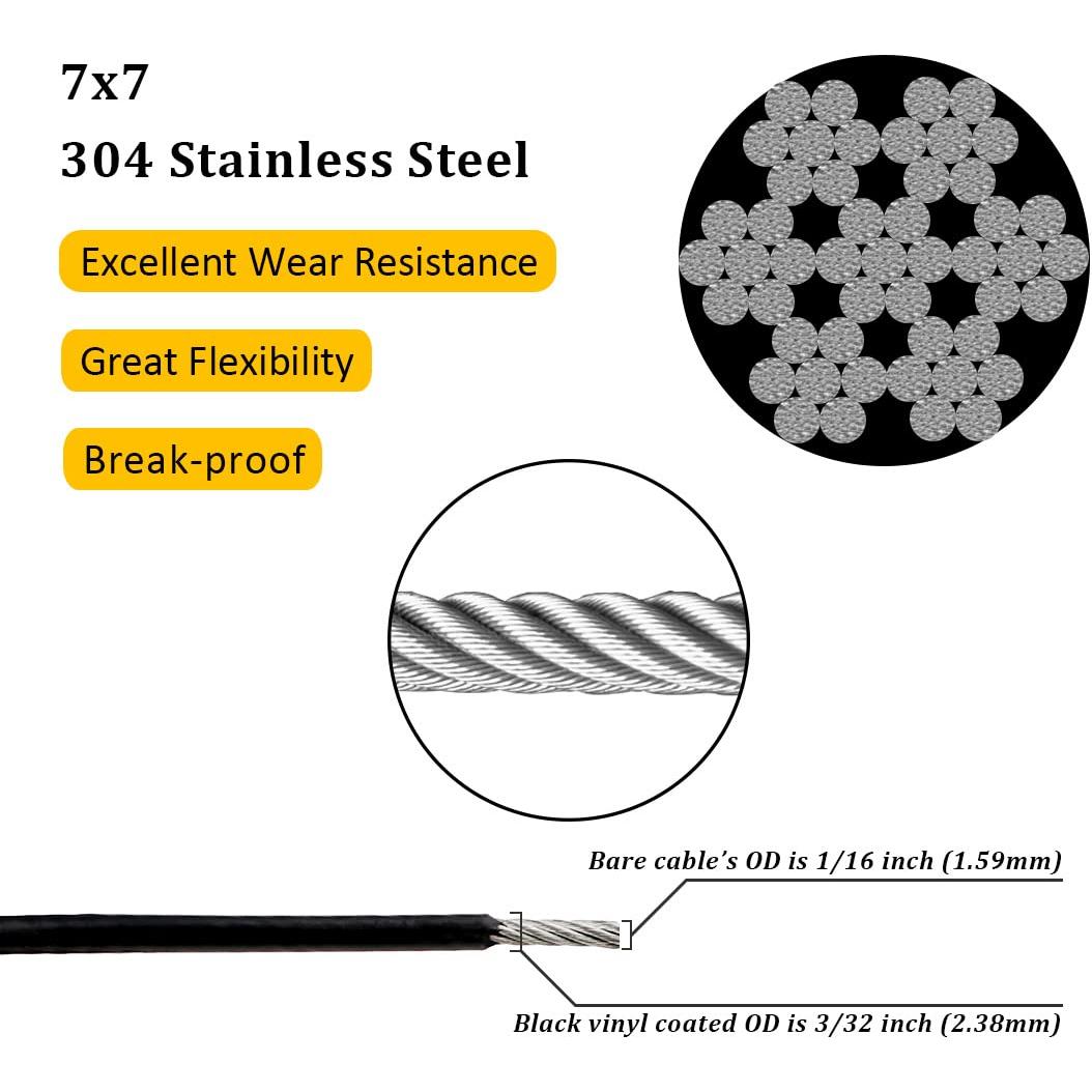 Cable de Acero Inoxidable 304 2.38mm Recubierto Vinilo Negro 30.48m