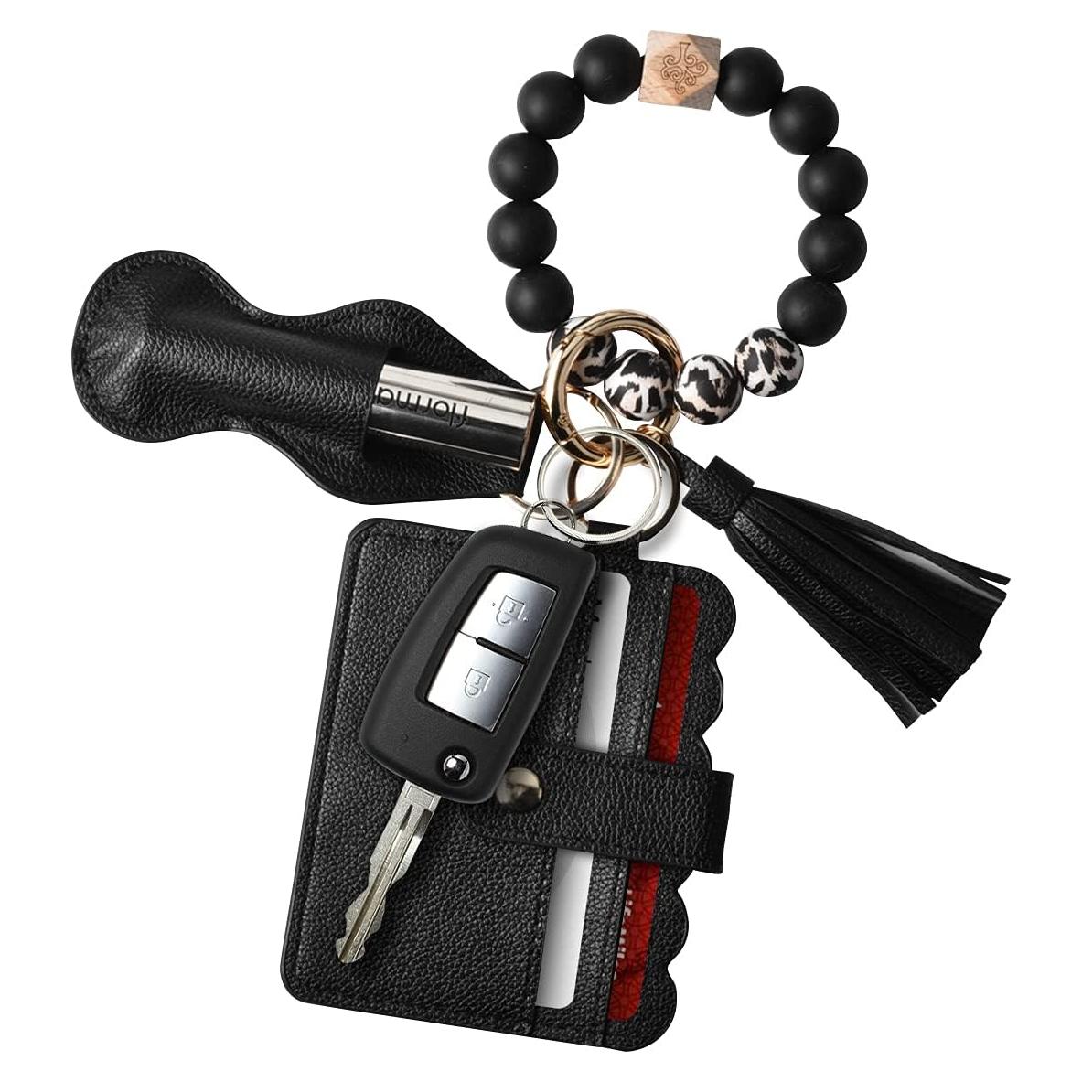 Llavero de Pulsera para Mujeres con Cuentas de Silicona y Borla