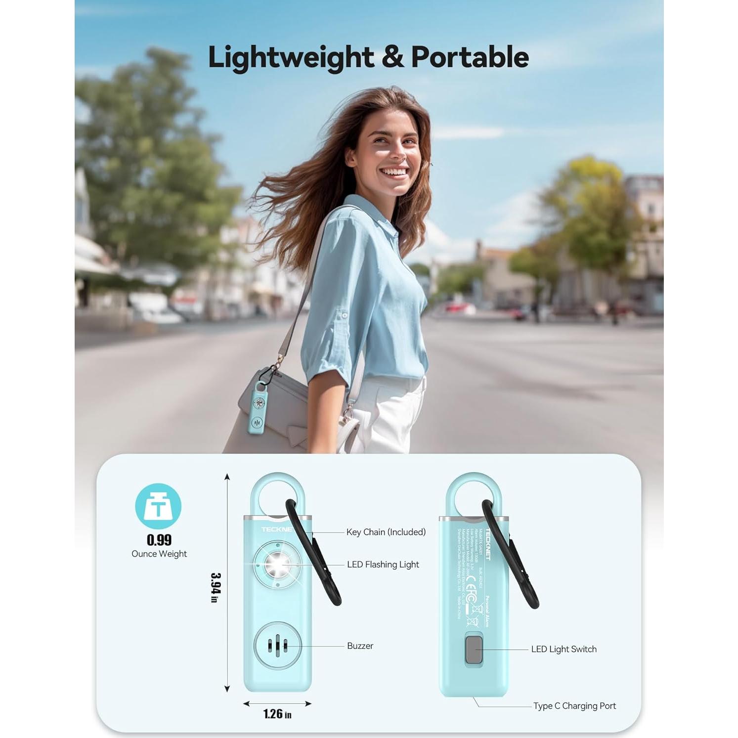 Alarma Personal TECKNET Recargable 130dB con Luz SOS - 2 Pzs