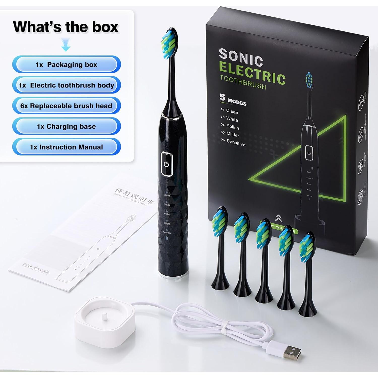 Cepillo de Dientes Eléctrico ZUAMEGU Sonic 5 Modos IPX7 6 Cabezas