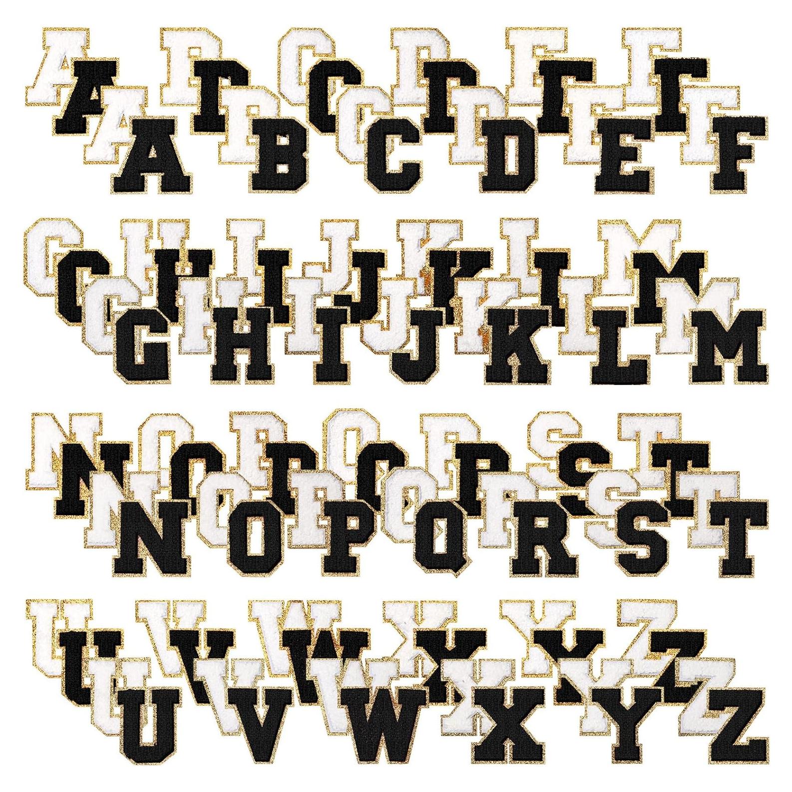 104 Parches Bordados Letras A-Z Geosar 6 cm Negro Blanco