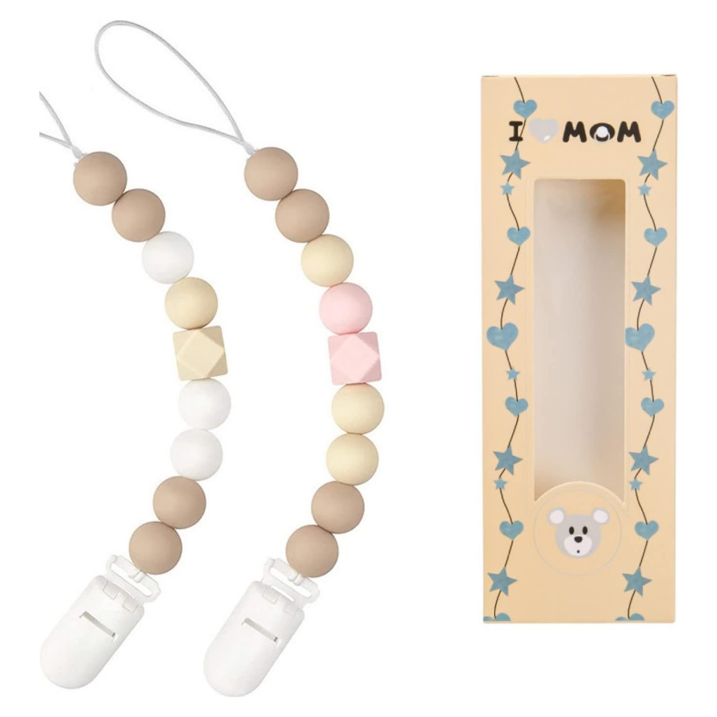 Clip de Chupete de Silicona Grado Alimenticio - Paquete de 2 Beige/Rosa