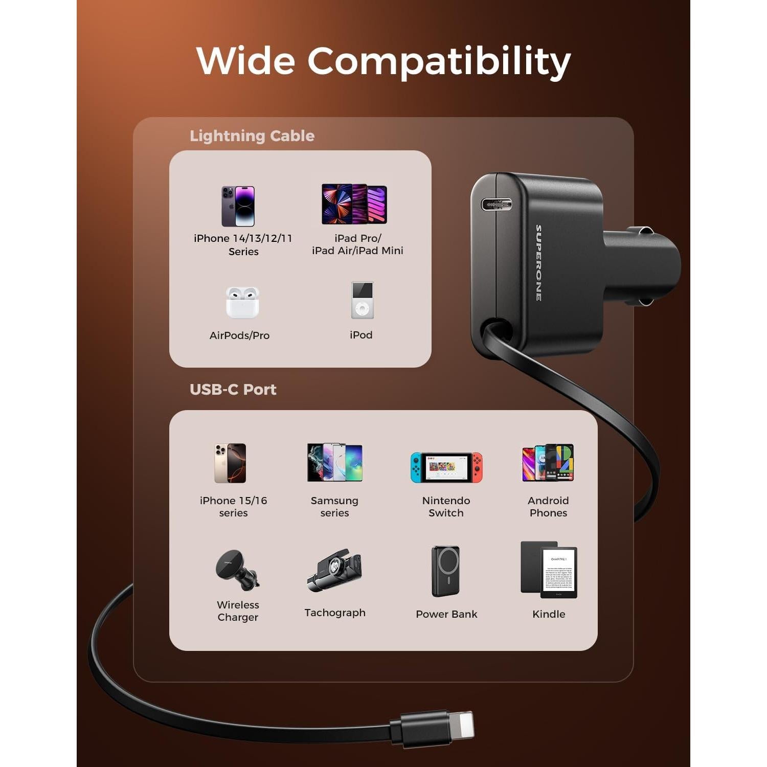 Cargador de Coche Retráctil SUPERONE para iPhone 14/13/12/11