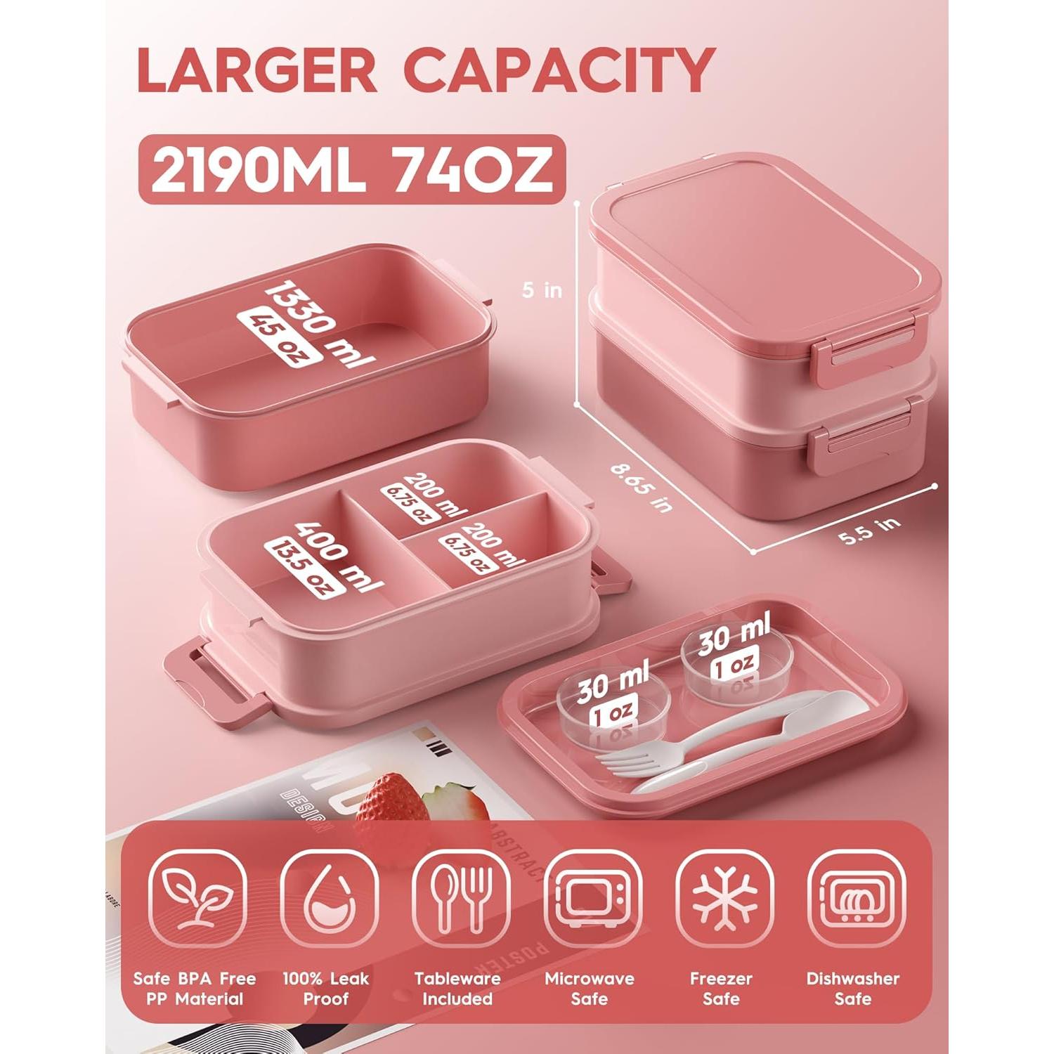 Caja de Almuerzo Bento KEMETHY Rosa 74oz Apilable a Prueba de Fugas