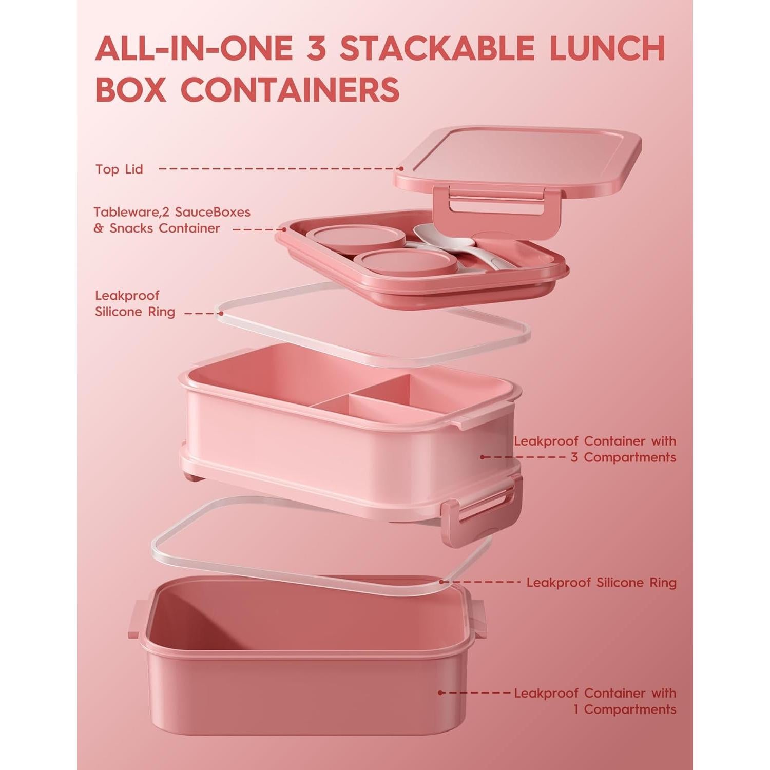 Caja de Almuerzo Bento KEMETHY Rosa 74oz Apilable a Prueba de Fugas