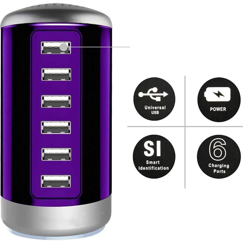 Cargador USB Universal 6 Puertos Wyness Carga Rápida Púrpura