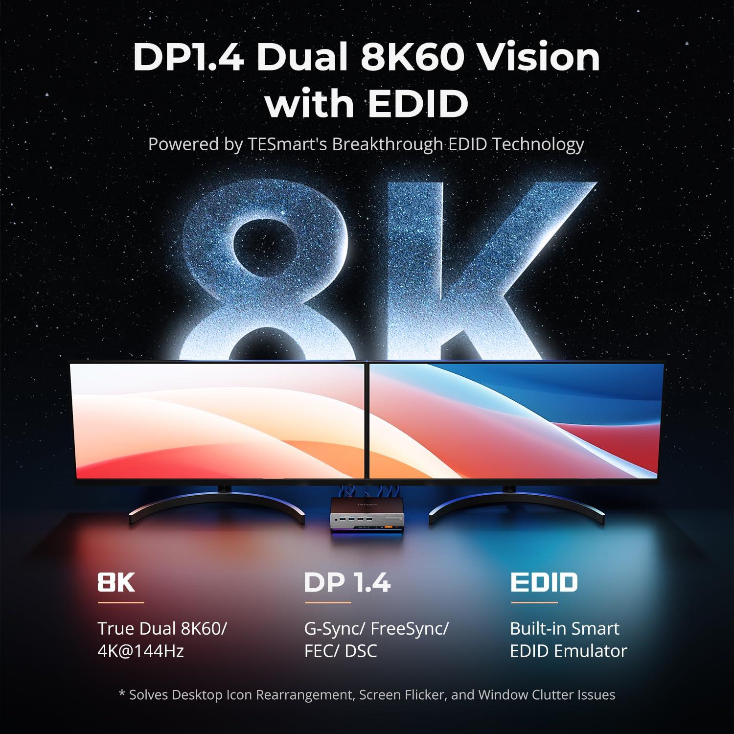 KVM Switch TESmart DKS202-M24 para 2 Monitores DP 8K@60Hz