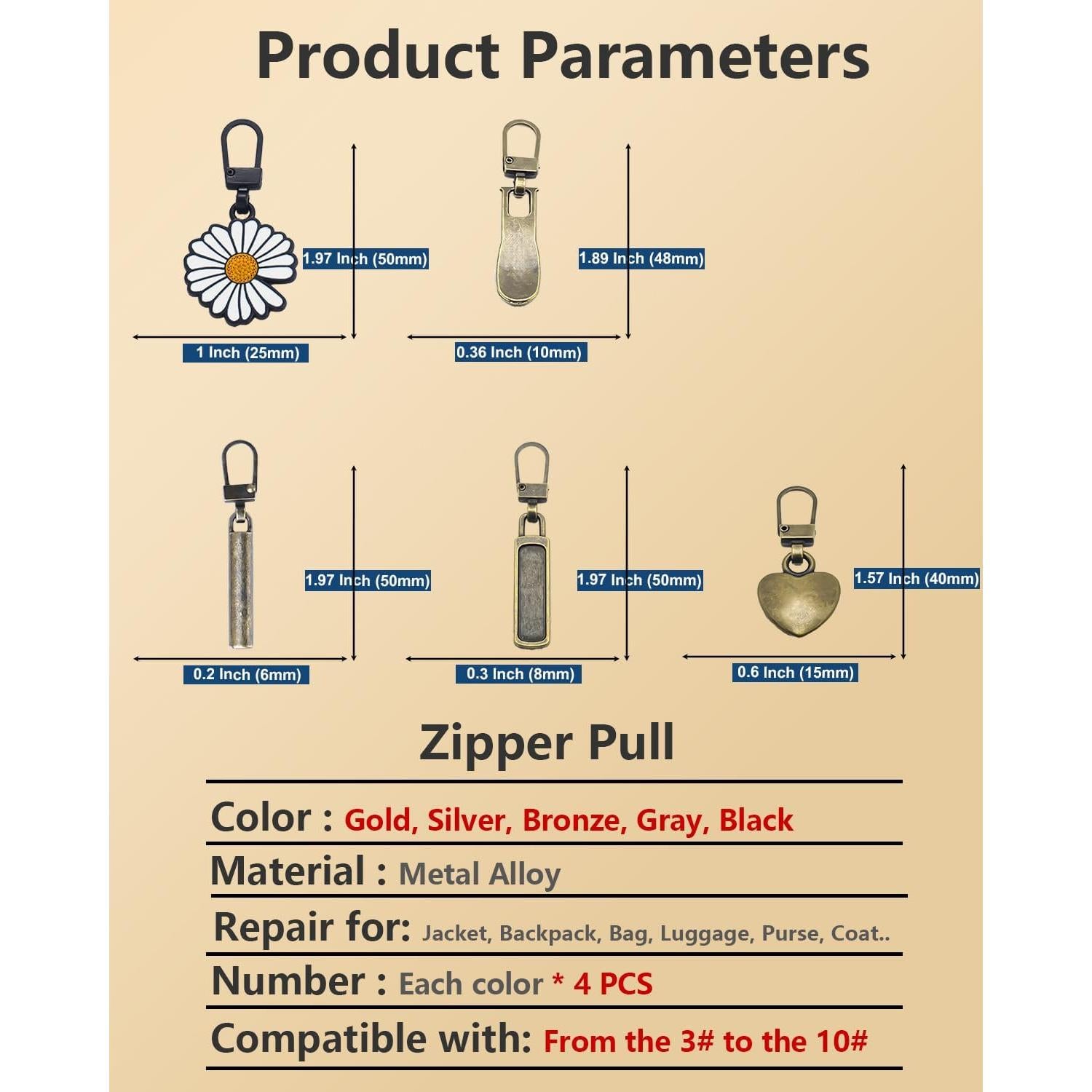 20 Tiradores de Cremallera Universal CUNSWEN 5 Colores