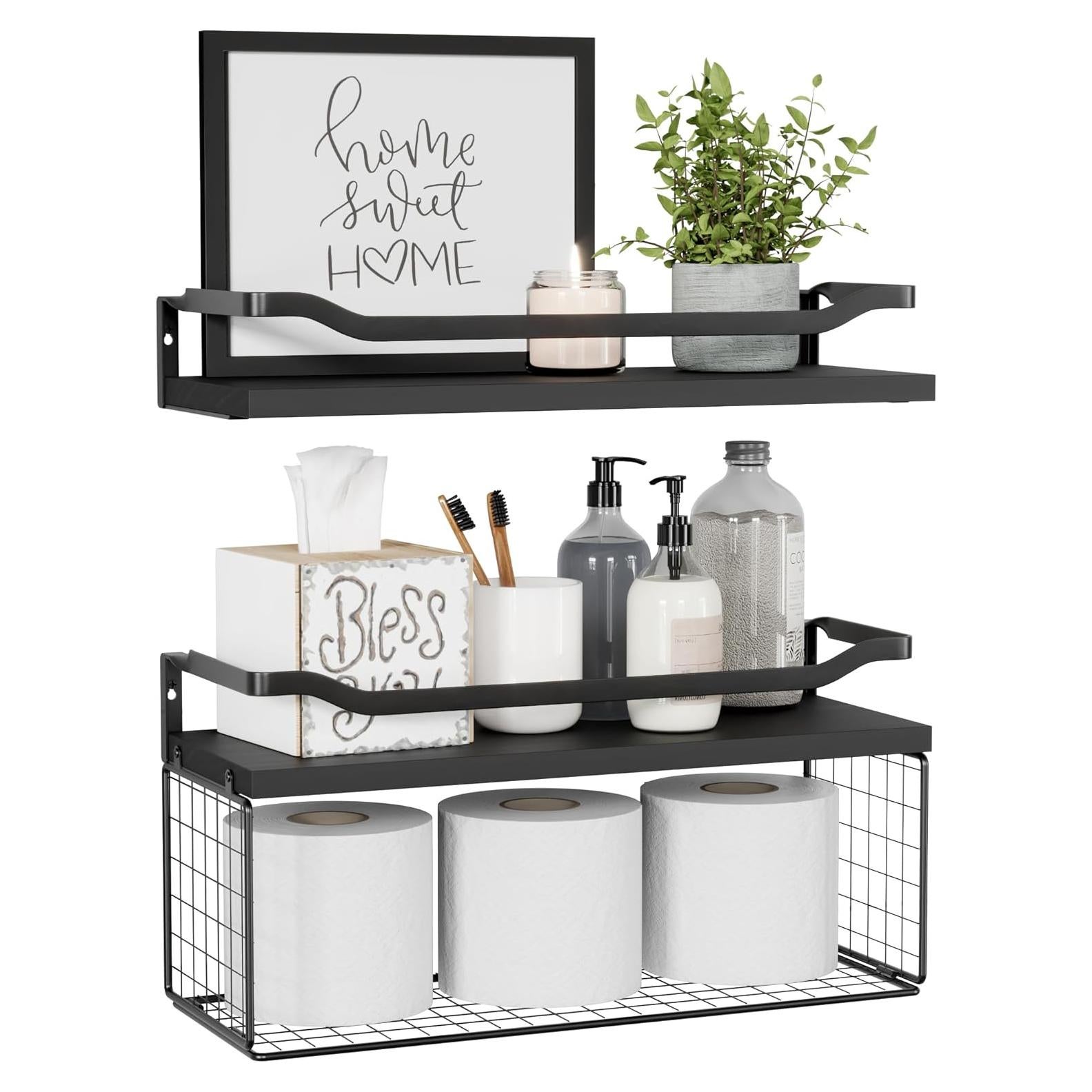 Estantes Flotantes WOPITUES con Canasta de Alambre - Negro