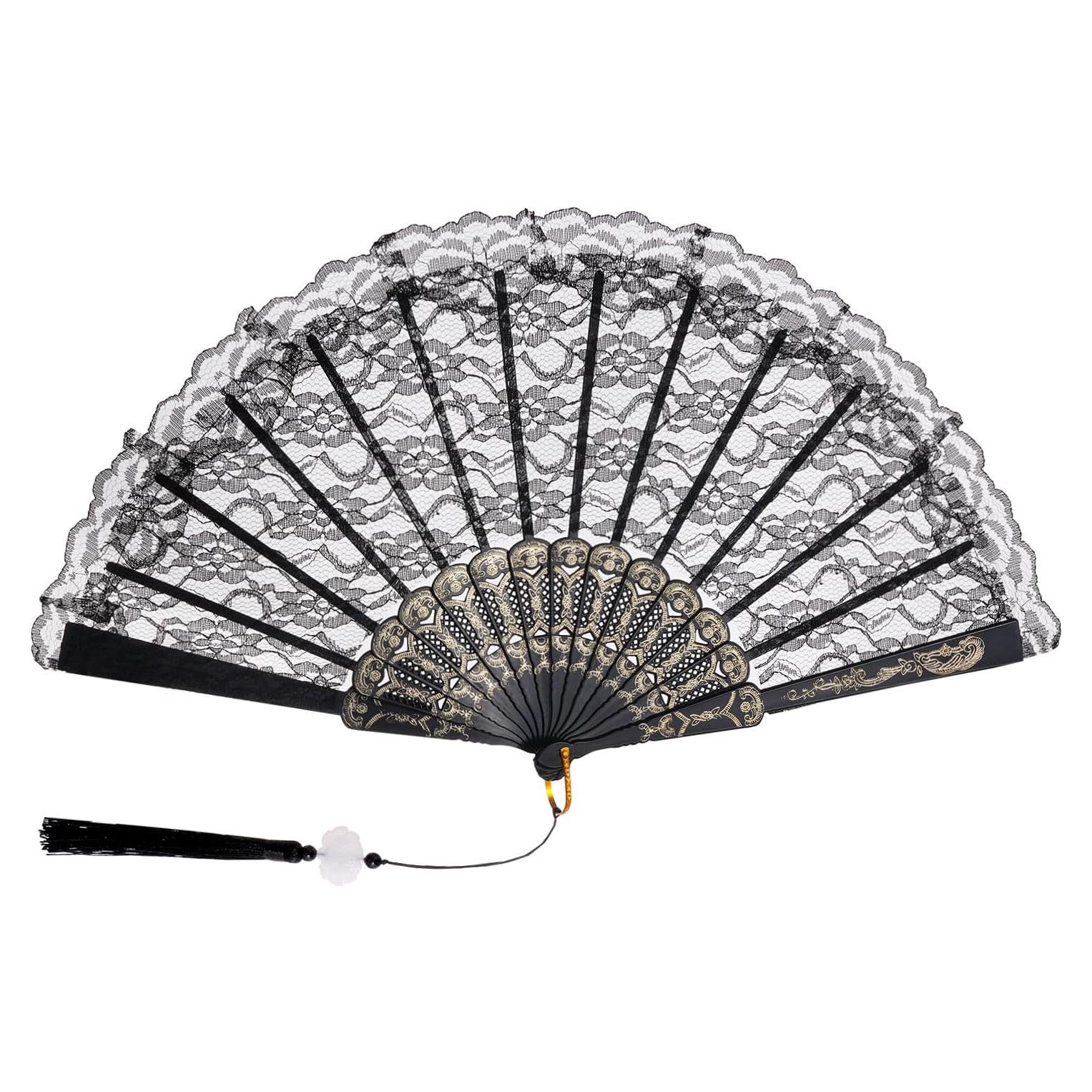 Abanico de Mano Plegable Jmkcoz Negro Floral 42 cm