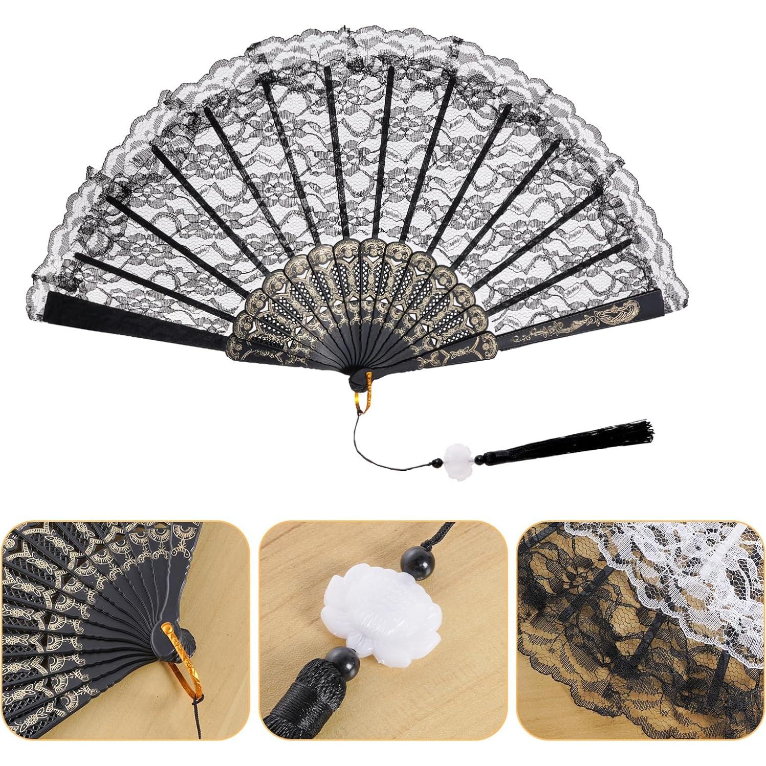 Abanico de Mano Plegable Jmkcoz Negro Floral 42 cm