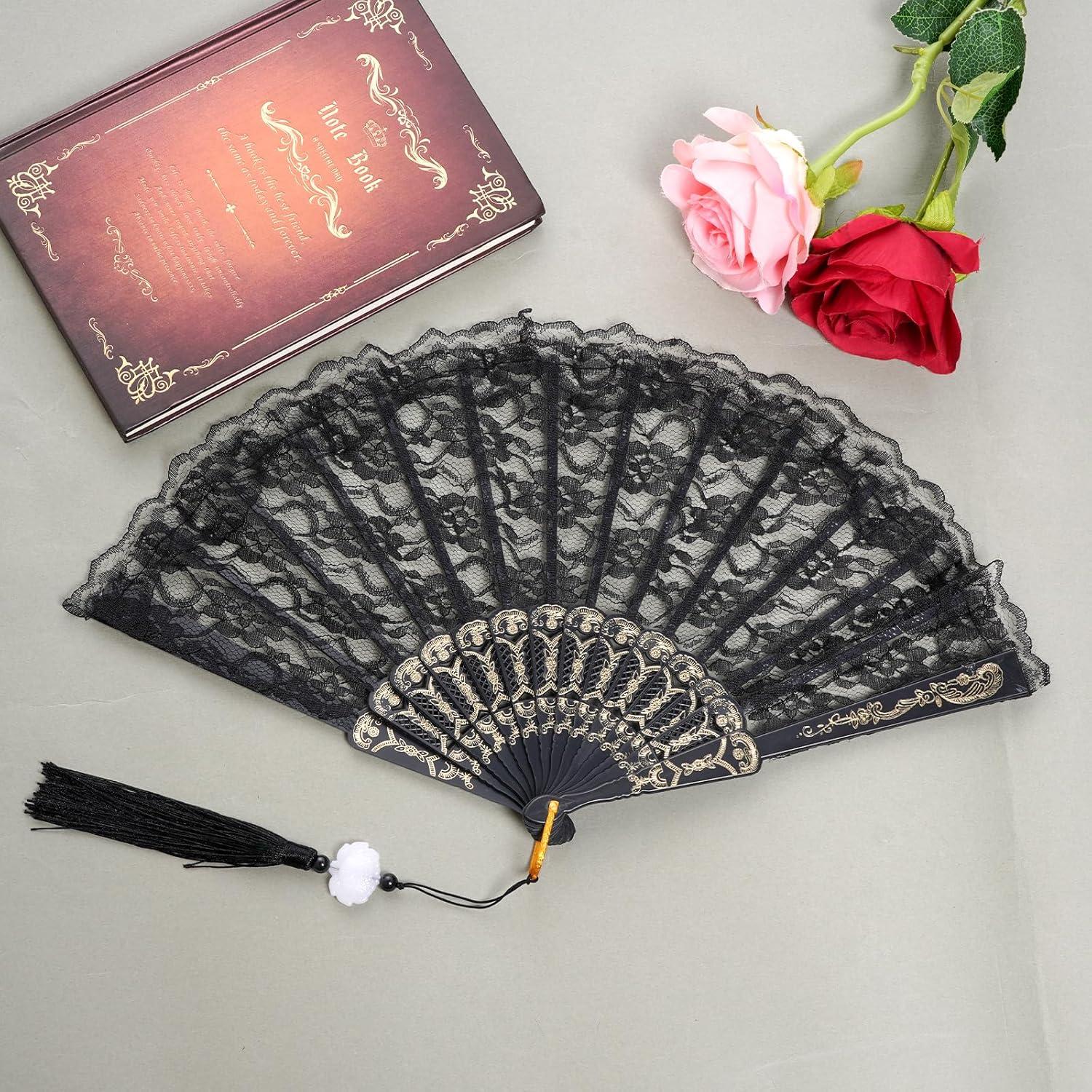 Abanico de Mano Plegable Jmkcoz Negro Floral 42 cm