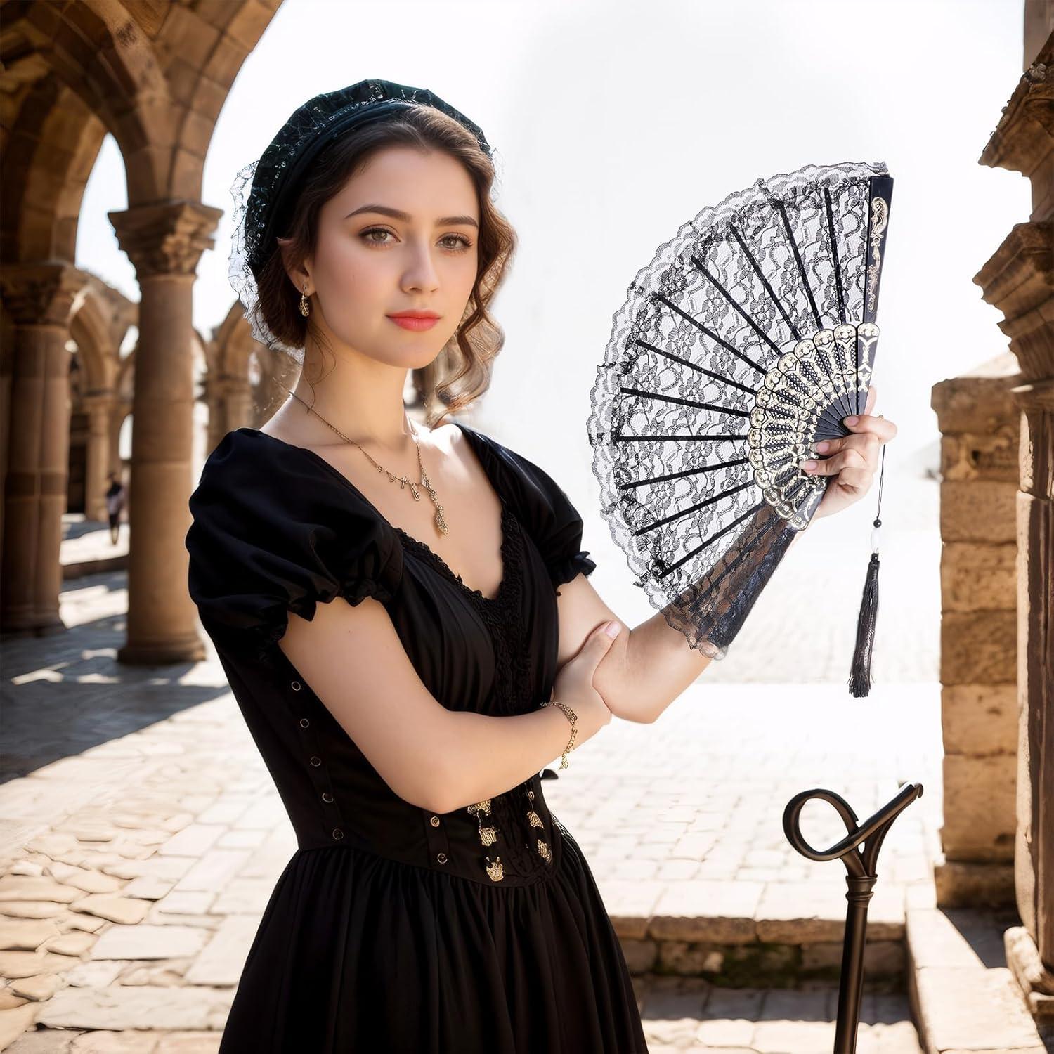 Abanico de Mano Plegable Jmkcoz Negro Floral 42 cm