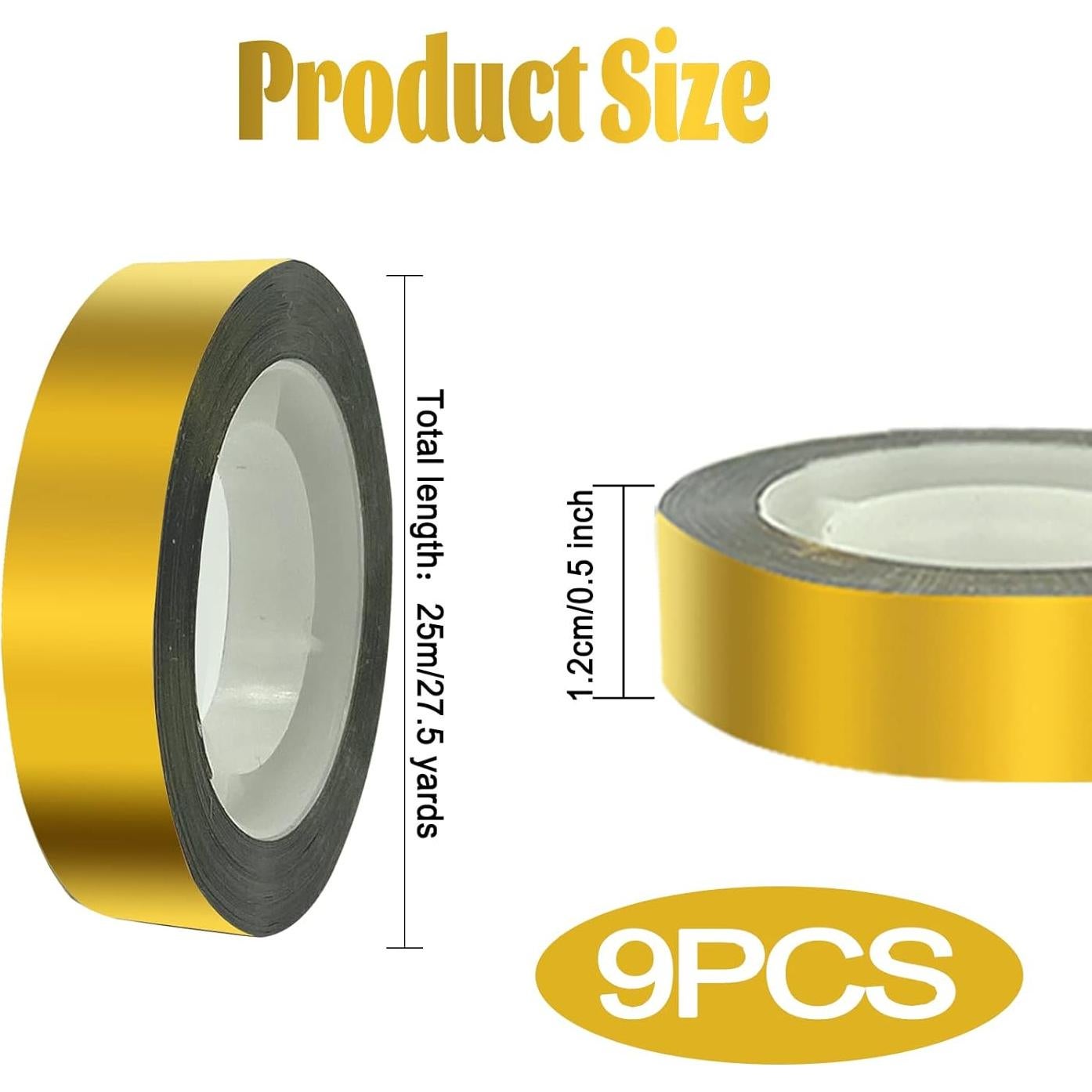 9 Rollos de Cinta Washi Metálica Dorada Espejo 1.2cm x 25m