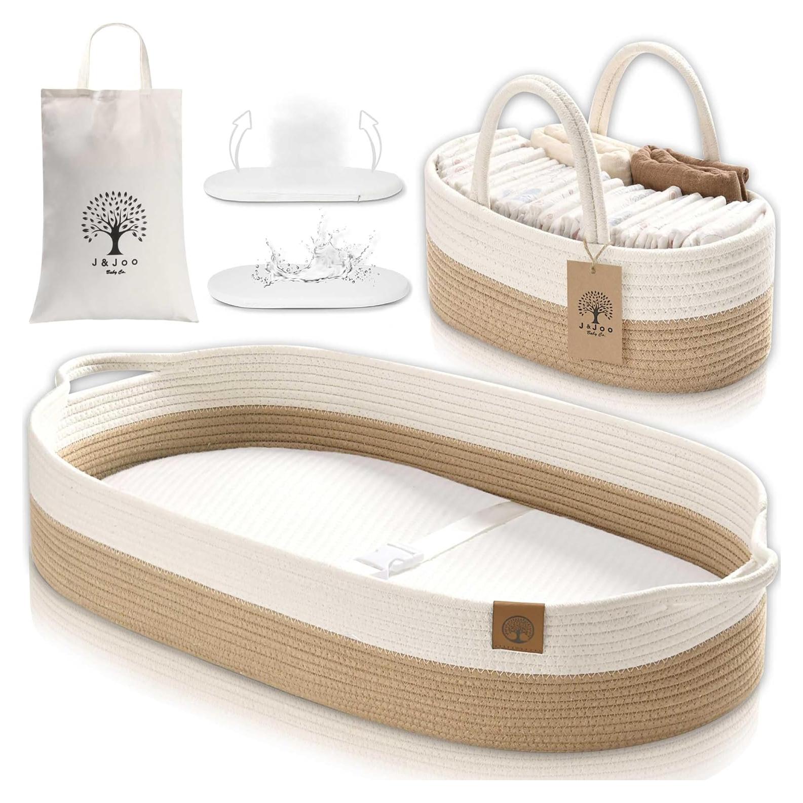 Cesta de Cambio J&JOO con Caddy para Pañales - Marrón y Blanco