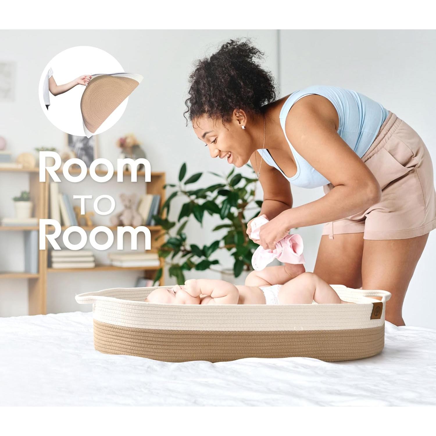 Cesta de Cambio J&JOO con Caddy para Pañales - Marrón y Blanco