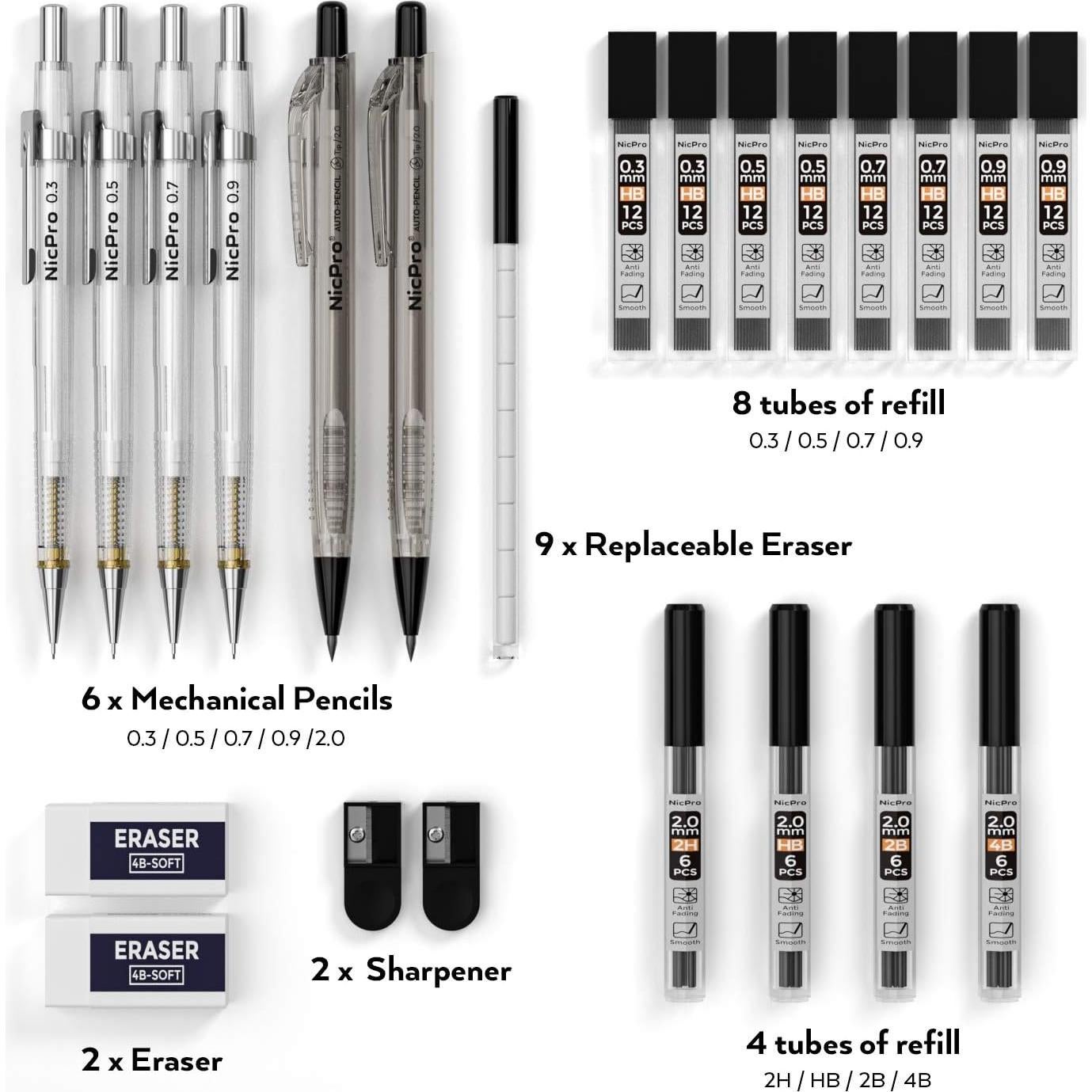 Conjunto de lápices mecánicos Nicpro 31 piezas 0.3-0.9mm