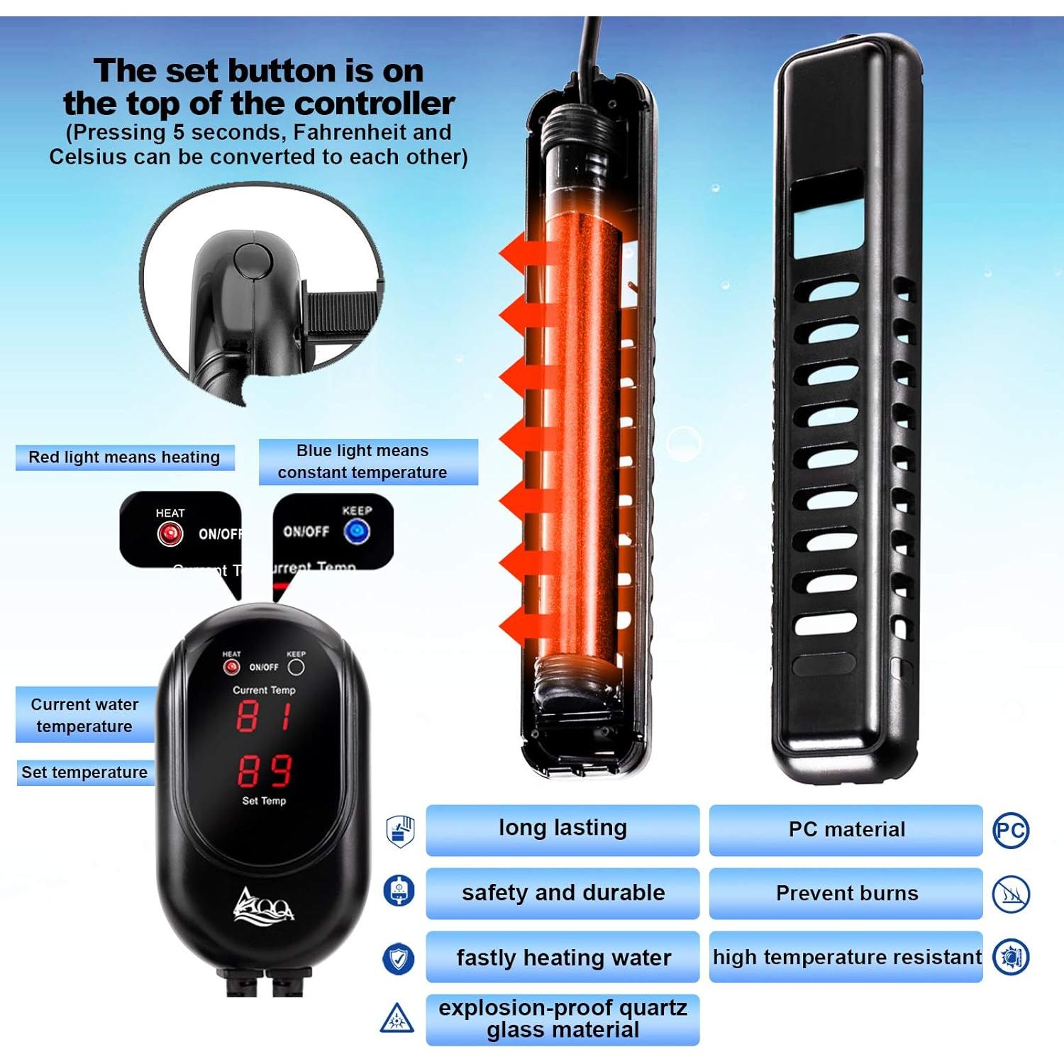 Calentador de Acuario AQQA 100W con Controlador LED y Termómetro