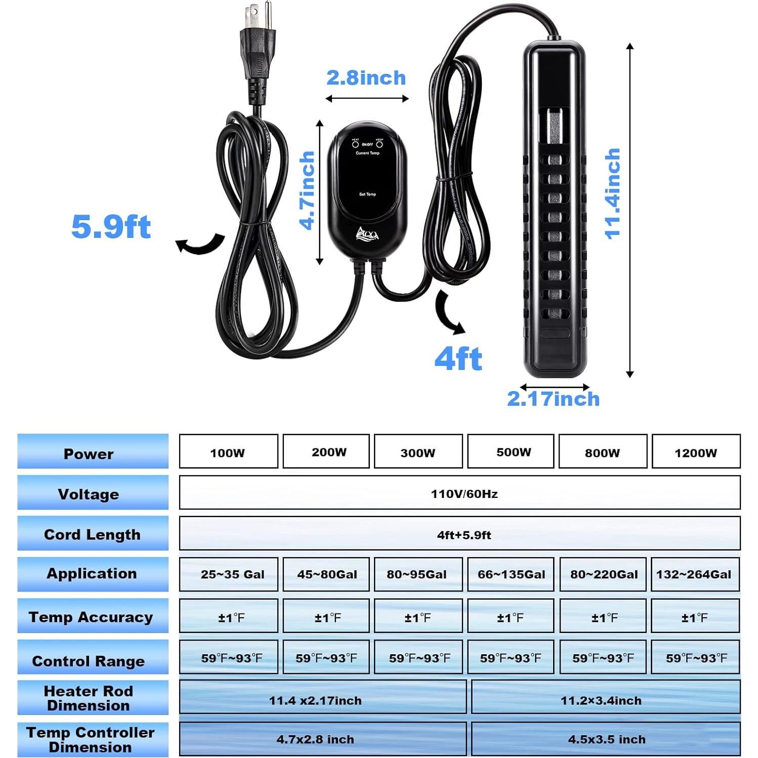 Calentador de Acuario AQQA 100W con Controlador LED y Termómetro