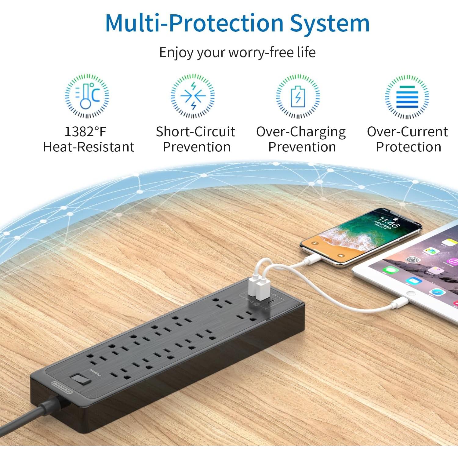 Regleta NTONPOWER 12 Salidas con USB y Cable de 4.57m