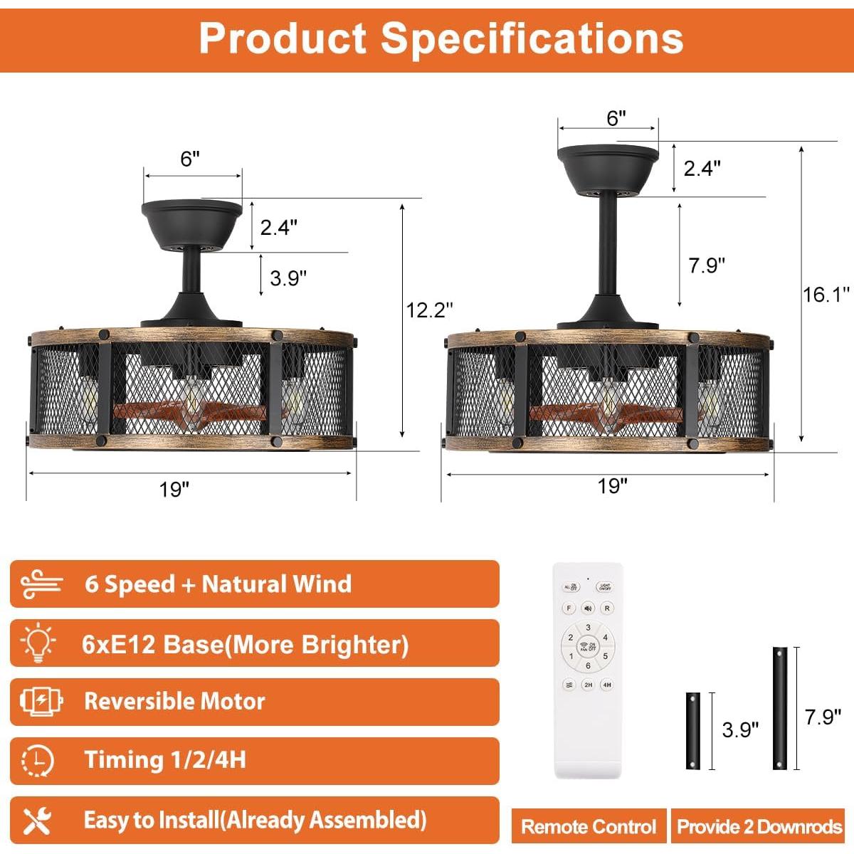 Ventilador de Techo Caged SHLUCE 19 cm con Luz y Control Remoto