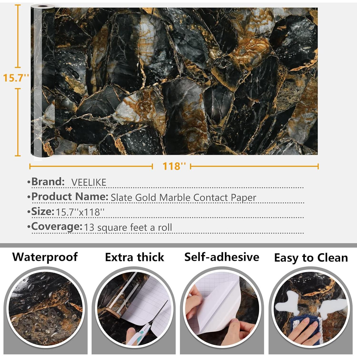 Papel Contacto de Mármol Dorado Pizarra VEELIKE 39.88x299.72cm