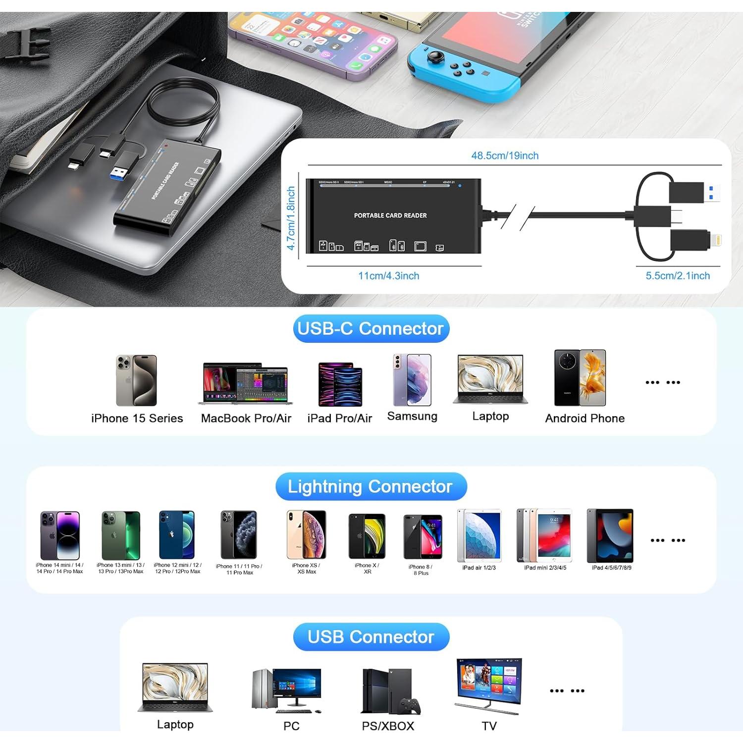 Lector de Tarjetas Múltiples Rocketek 7-en-3 USB-C Lightning