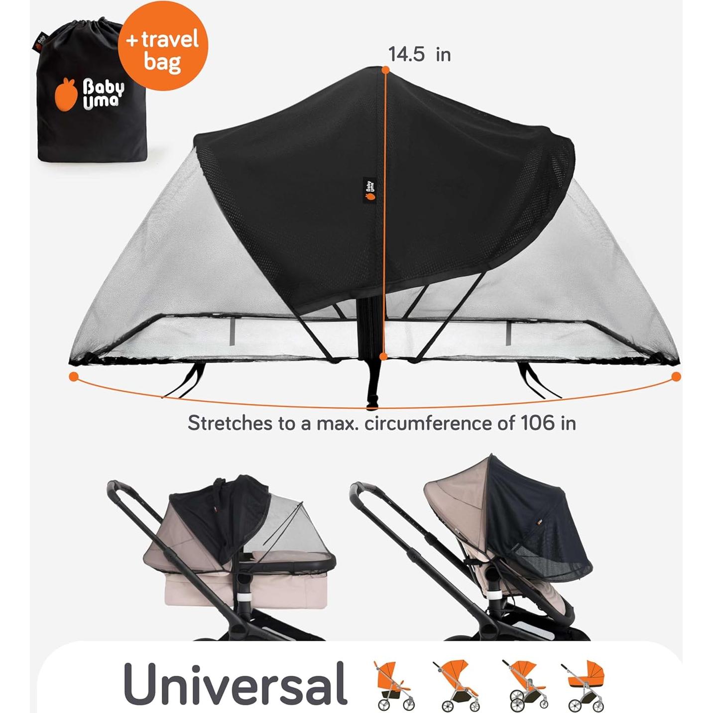 Baby Uma 2-in-1 Mosquito Net for Stroller & Stroller Sun Shade - UPF 50+ Baby Sun Protection, Breathable Blackout Mesh Baby Mosquito Net (+ Travel Bag)