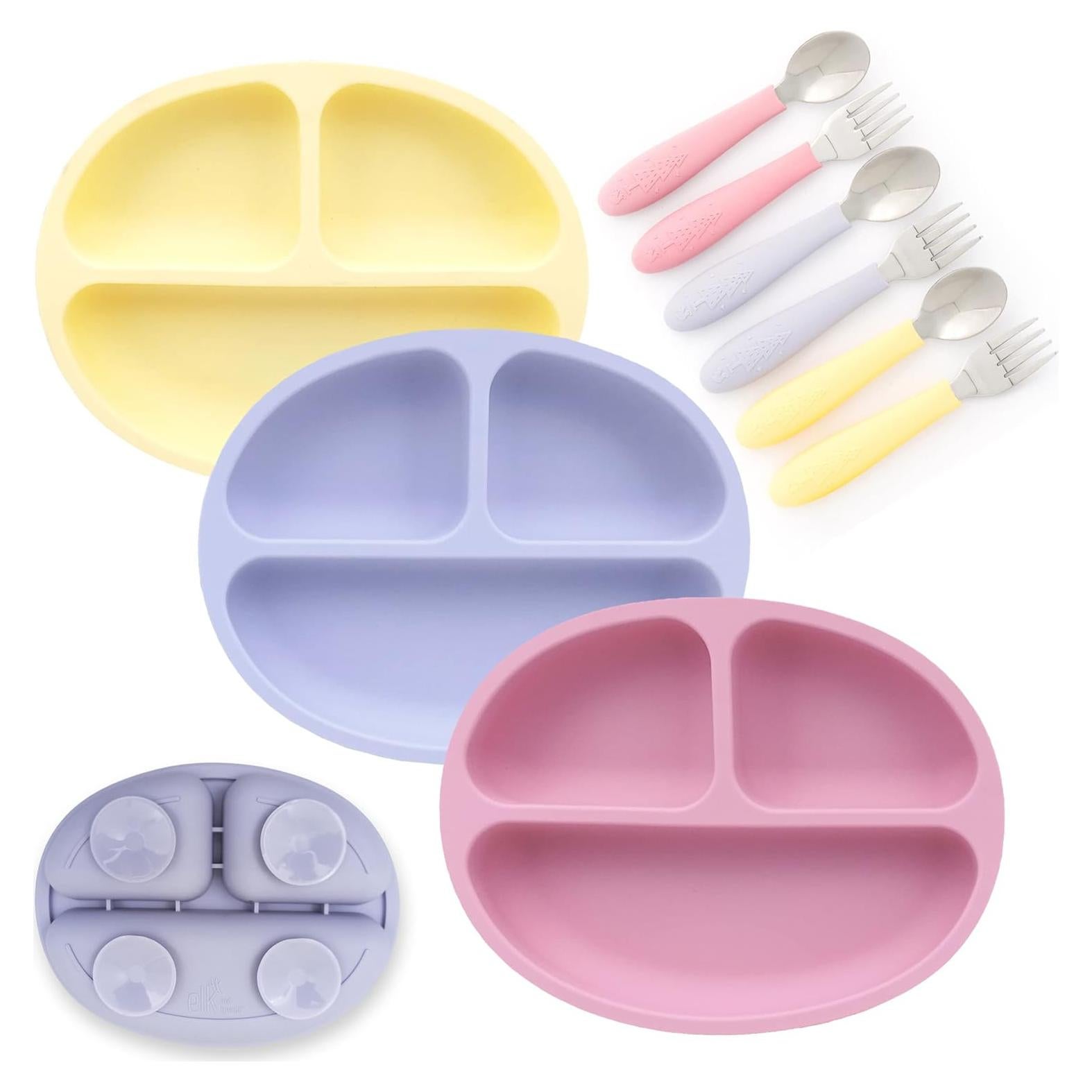 Plato de Succión de Silicona Elk y Amigos + Cubiertos 3 Unidades