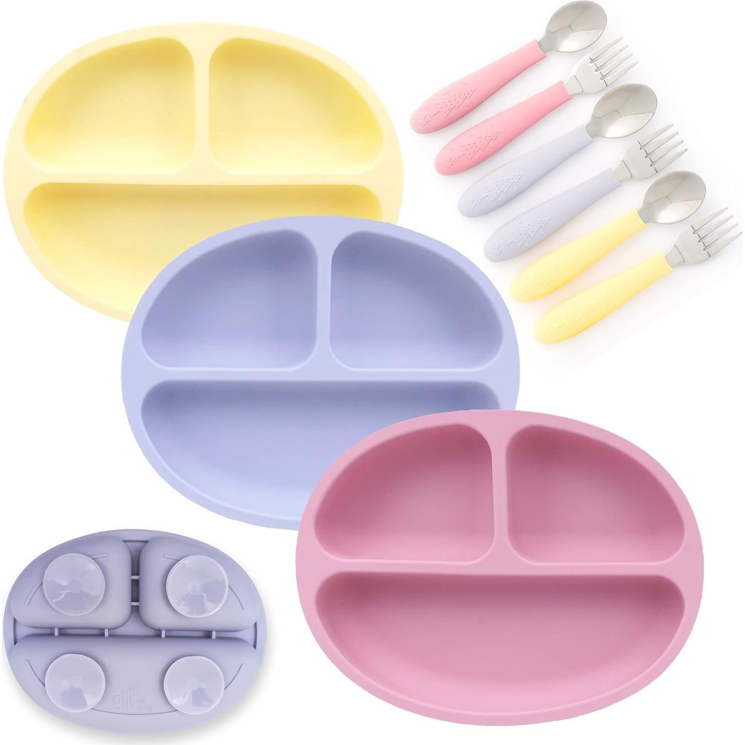 Plato de Succión de Silicona Elk y Amigos + Cubiertos 3 Unidades