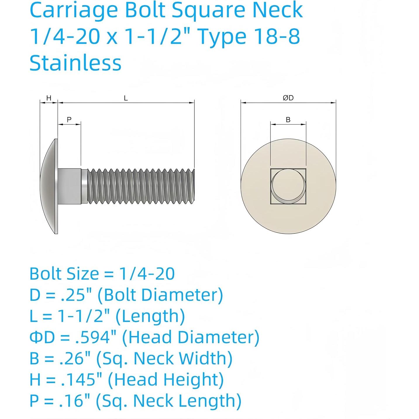Tornillos de Carro Acero Inoxidable SANTIE 1/4-20 x 38mm 25pcs