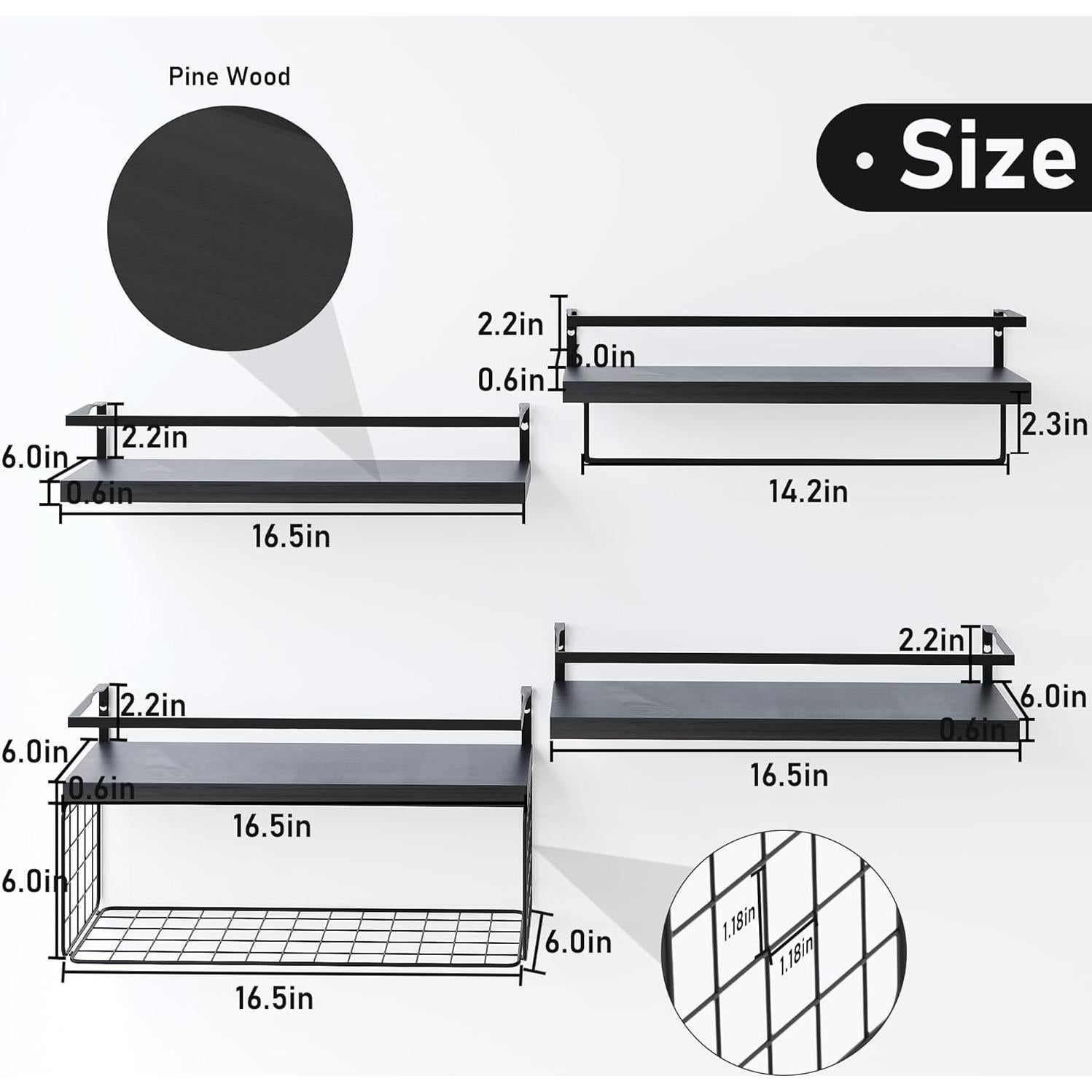 Estantes Flotantes de Madera Negra LUDORU - Set de 4 Niveles