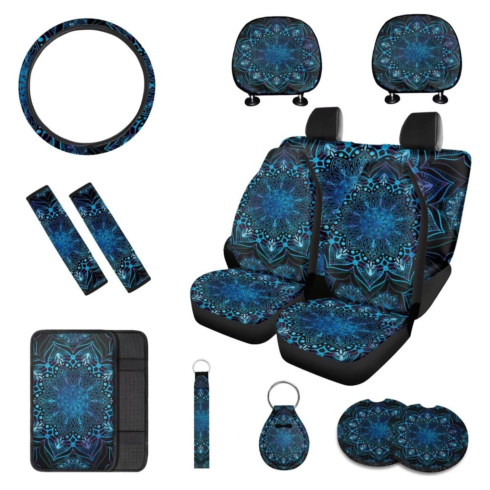 Juego Completo de Accesorios para Automóvil Rucaresri 13 Piezas Mandala Floral Azul