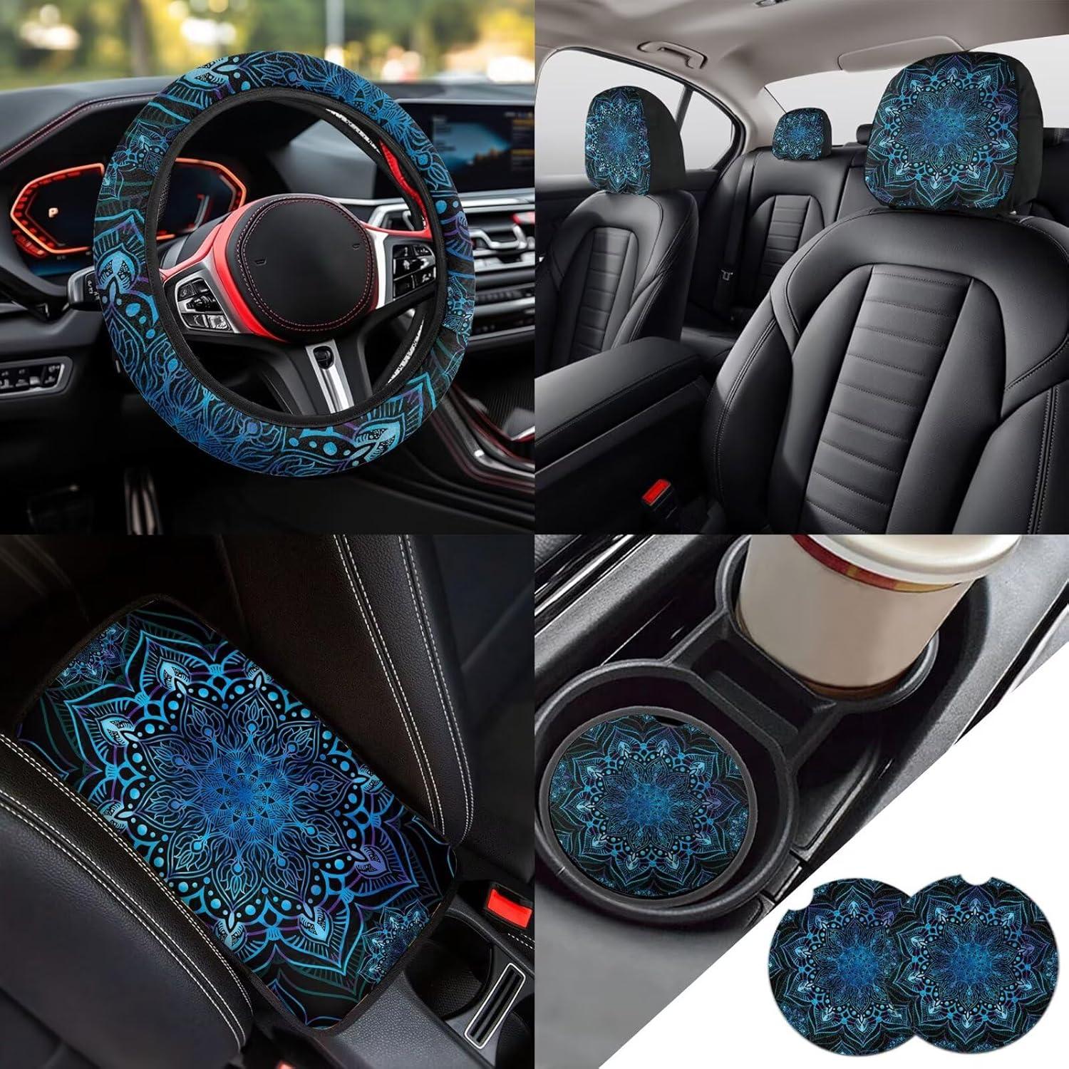 Juego Completo de Accesorios para Automóvil Rucaresri 13 Piezas Mandala Floral Azul