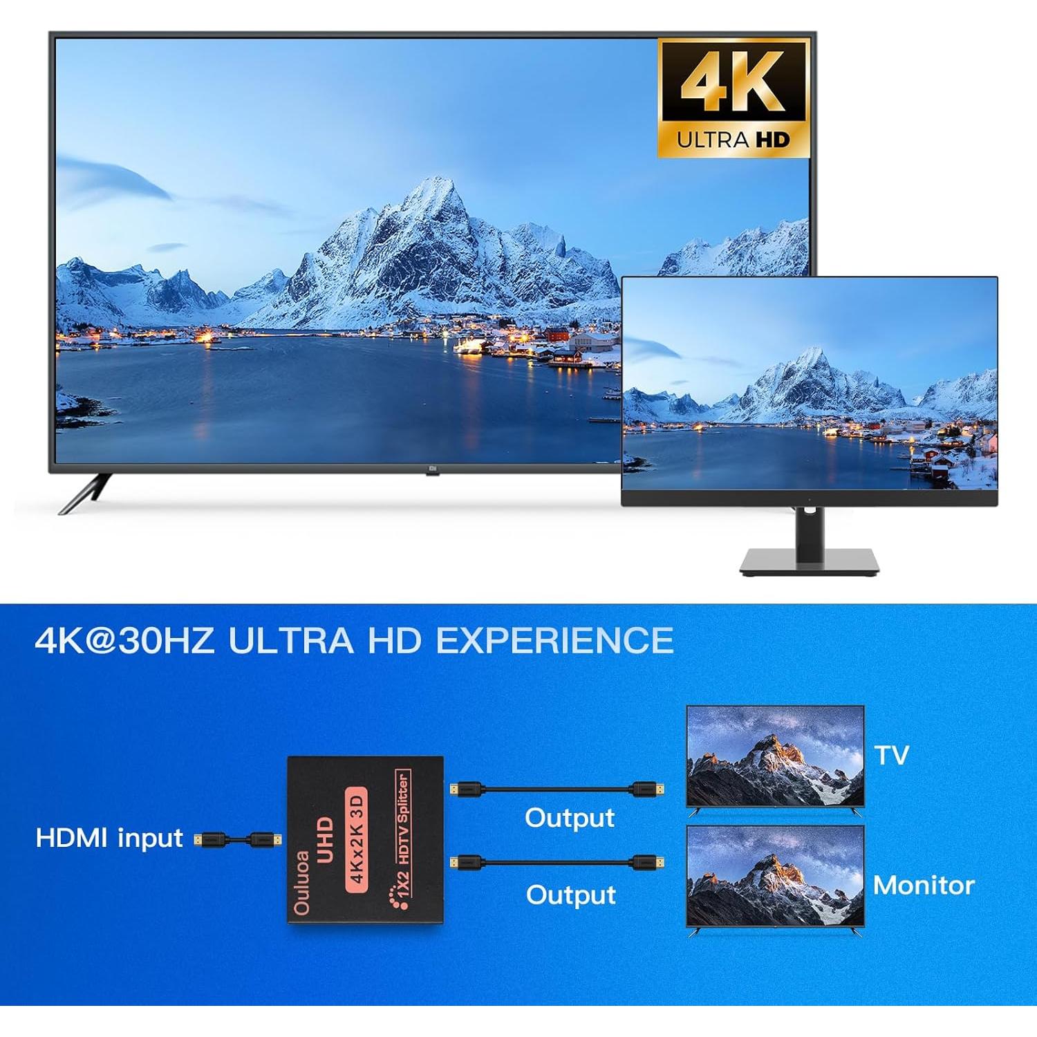 Divisor HDMI 1 en 2 Salidas 4K@30Hz Ouluoa con Adaptador