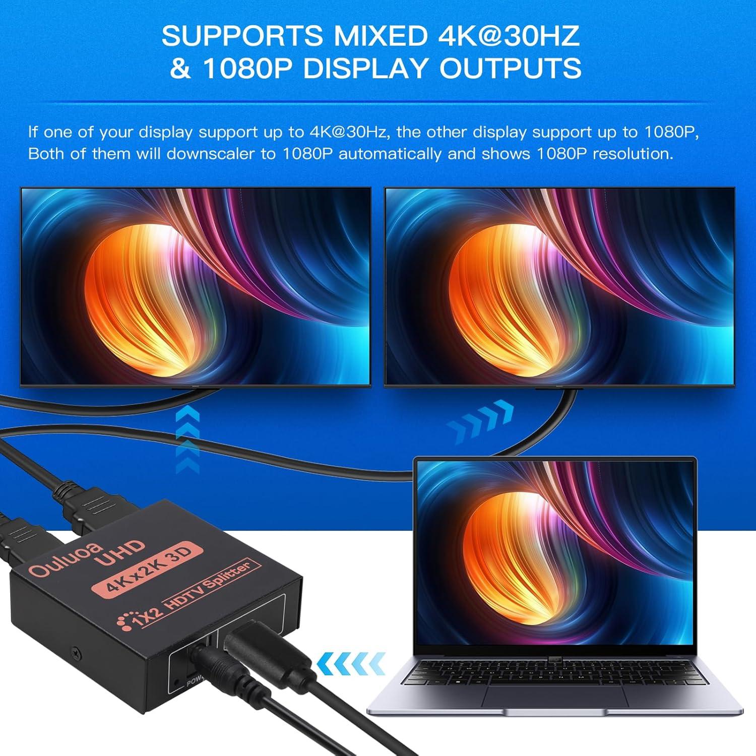 Divisor HDMI 1 en 2 Salidas 4K@30Hz Ouluoa con Adaptador