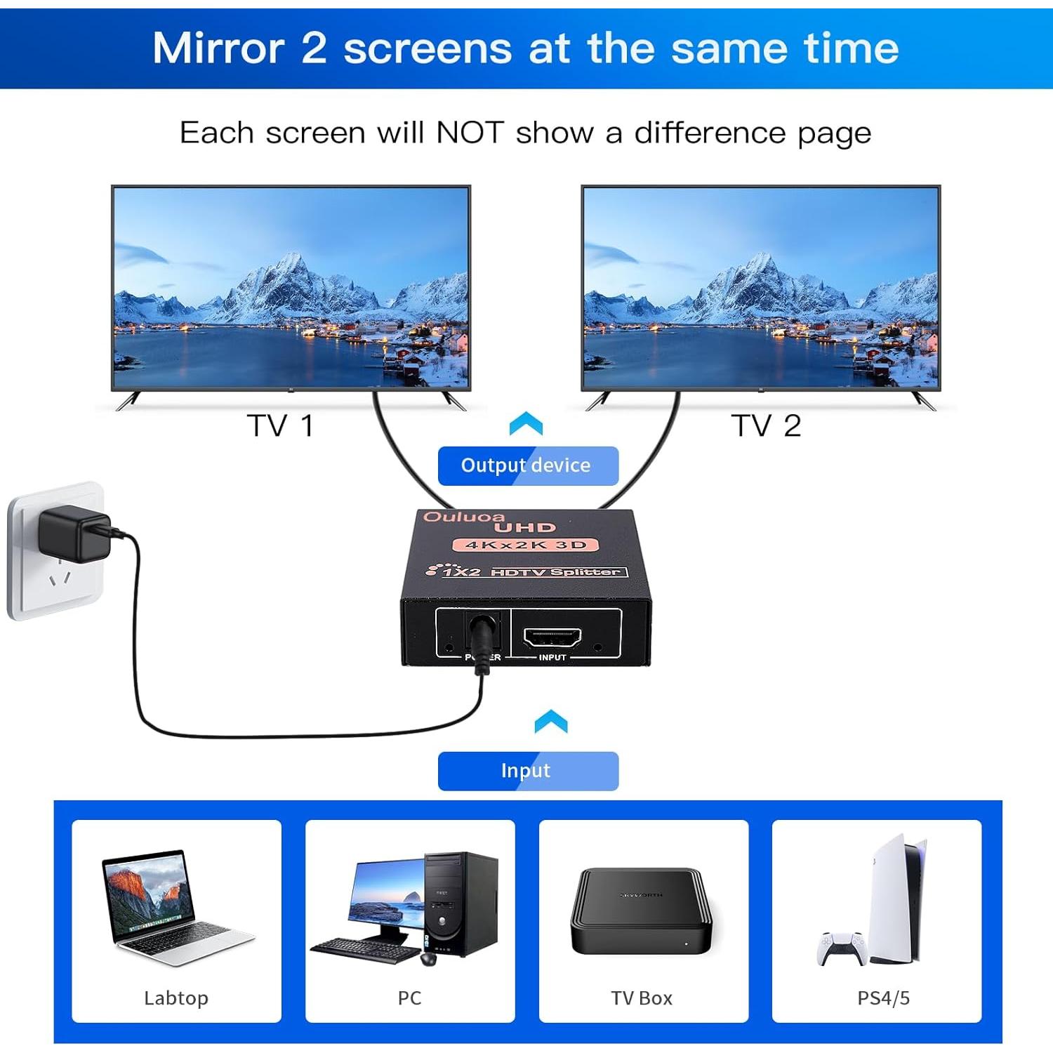 Divisor HDMI 1 en 2 Salidas 4K@30Hz Ouluoa con Adaptador