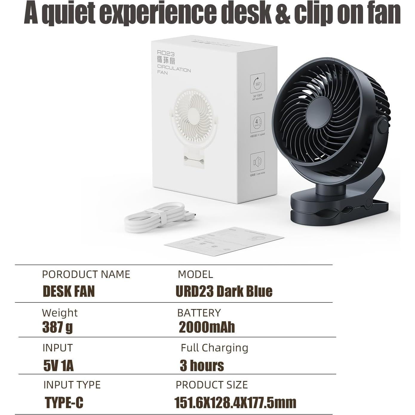 Ventilador Clip Portátil UCLOUDSOME URD23 2000mAh 4 Velocidades