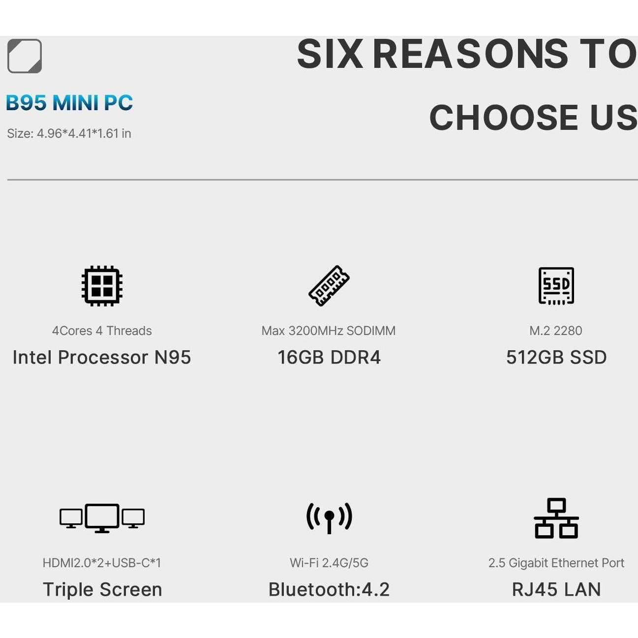 Mini PC BOSGAME B95 Intel N95 16GB RAM 512GB SSD 4K