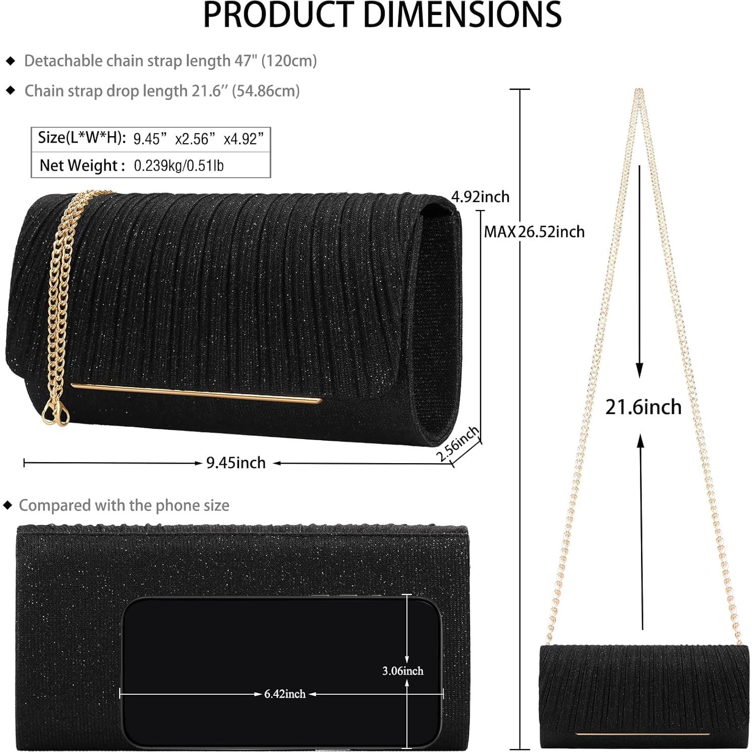 Bolso de Noche de Purpurina Negro Nodeber con Cadena Desmontable