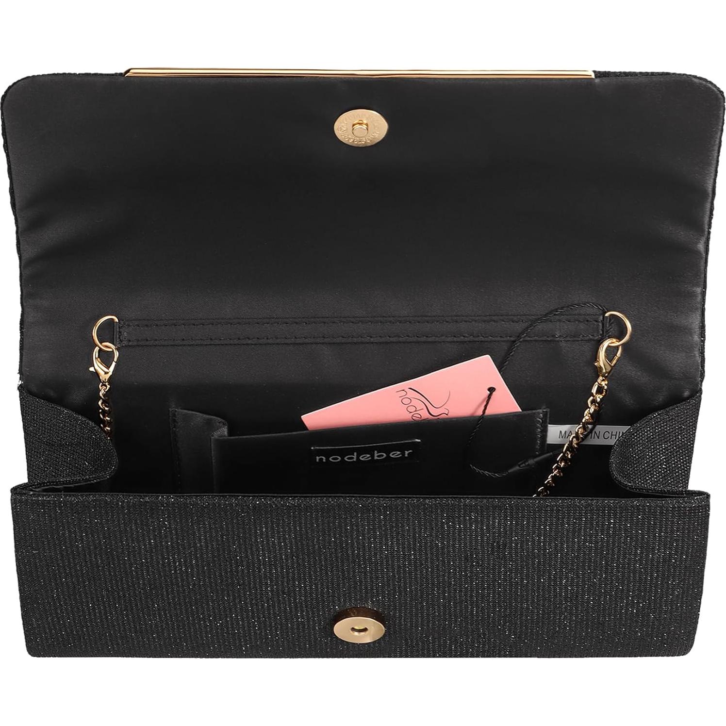 Bolso de Noche de Purpurina Negro Nodeber con Cadena Desmontable