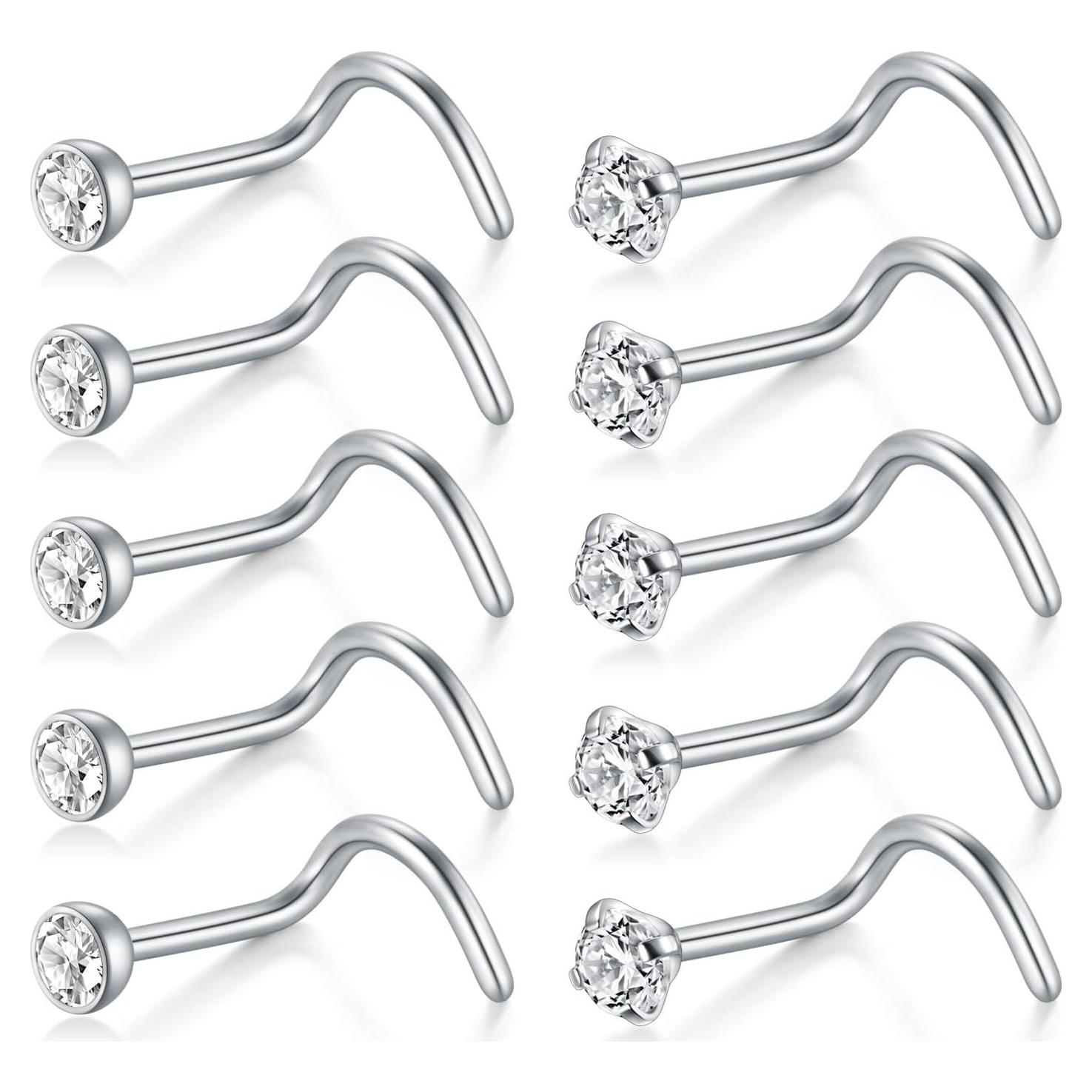 Aros Nasales D.Bella 10Pcs Acero Quirúrgico 18G 2mm CZ Plata