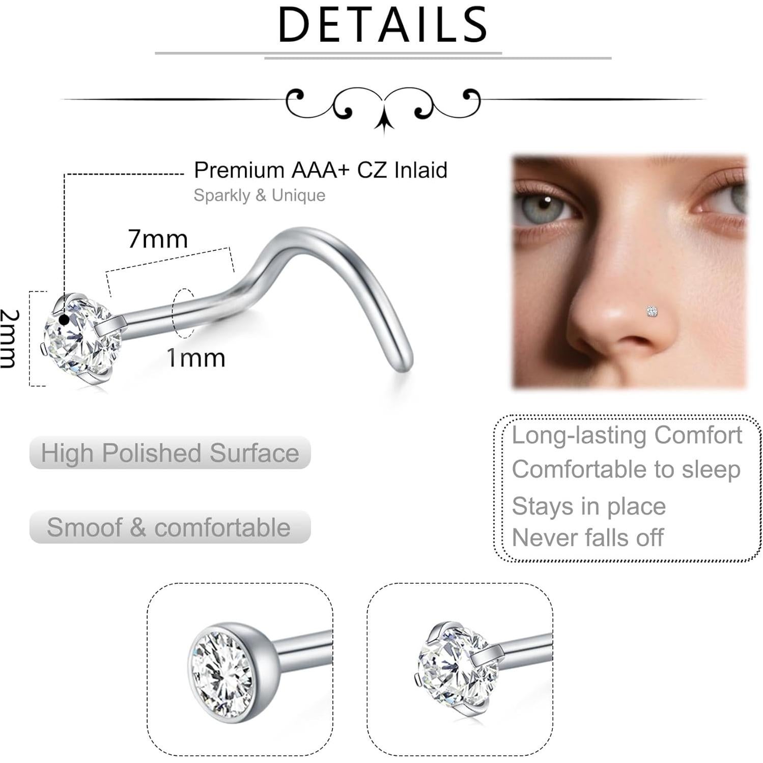 Aros Nasales D.Bella 10Pcs Acero Quirúrgico 18G 2mm CZ Plata