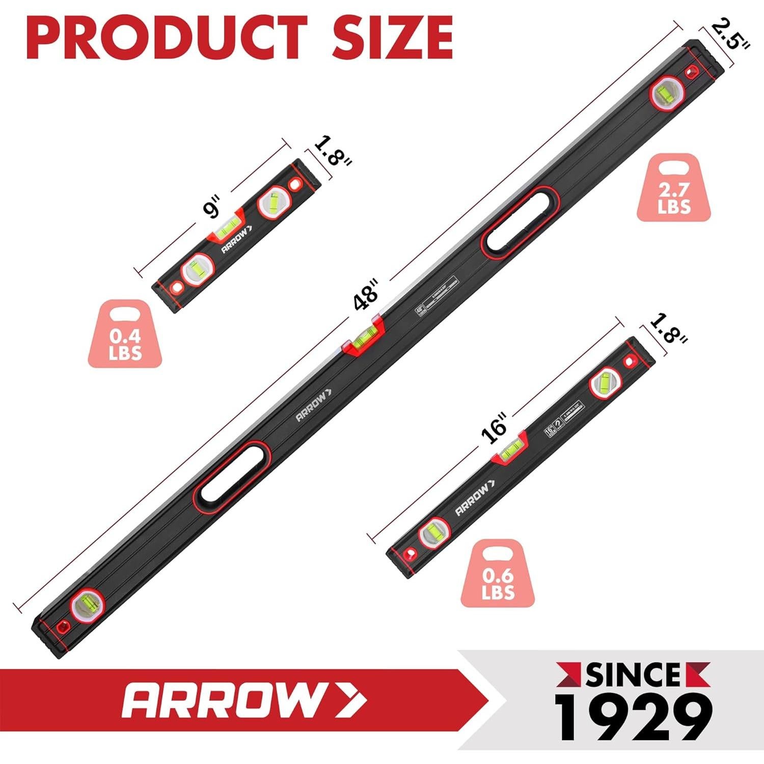 Juego de Niveles de Aluminio 3 Piezas ARROW 9" 16" 48"