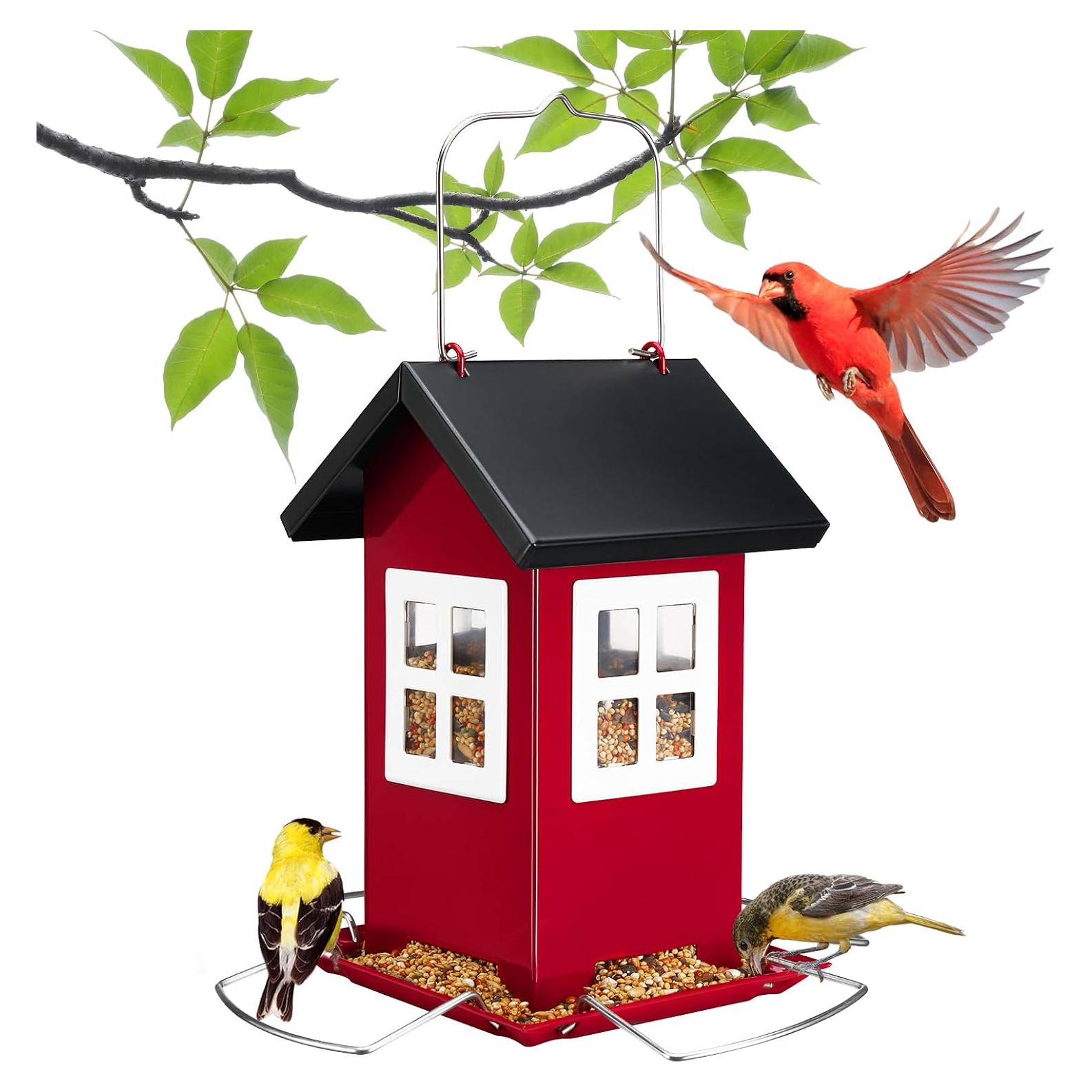 Comedero para Aves Veehoo Colgante de Metal 4 Puertos Rojo