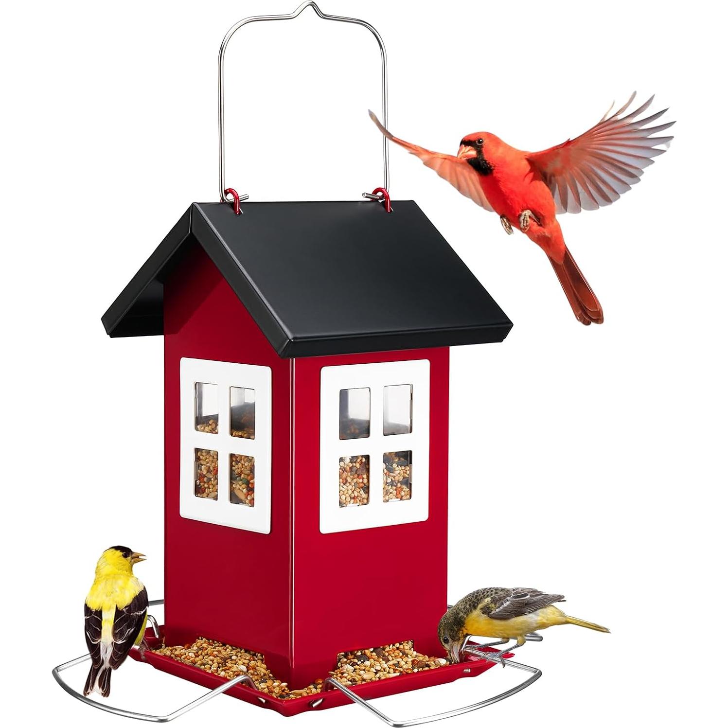 Comedero para Aves Veehoo Colgante de Metal 4 Puertos Rojo