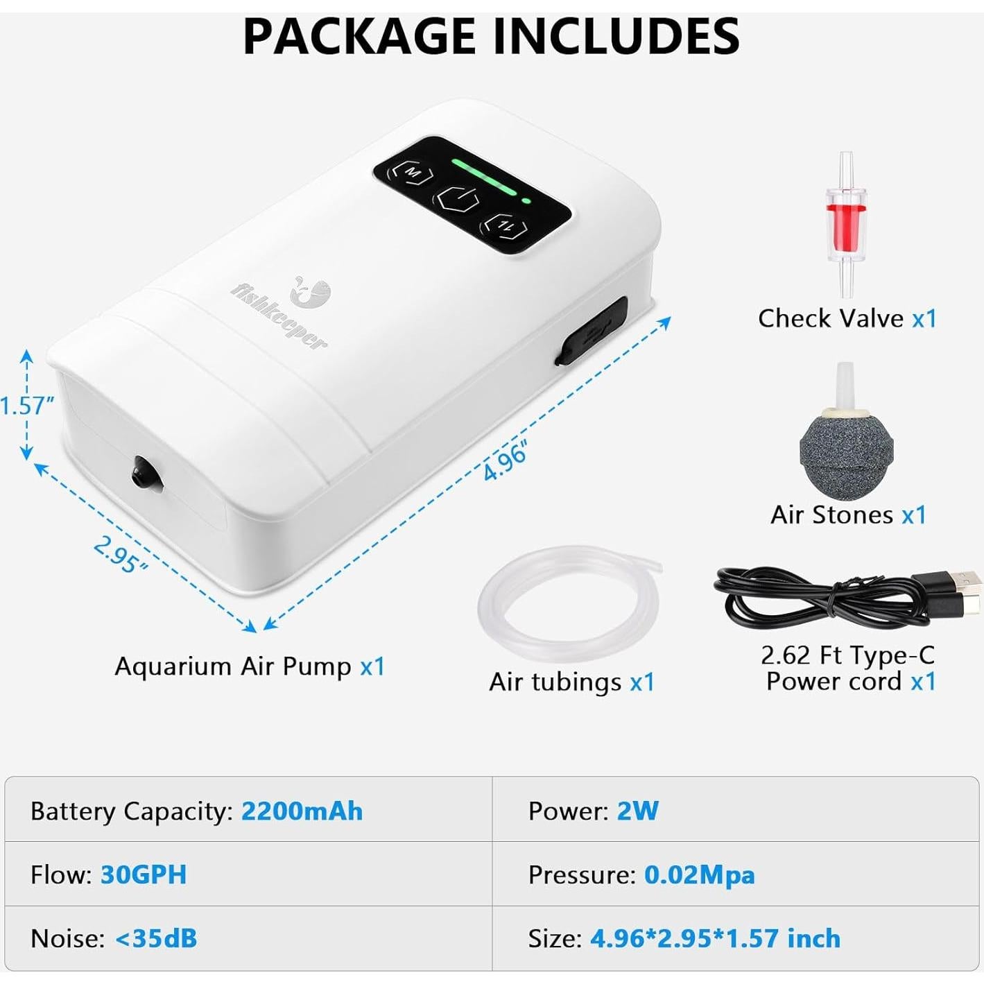 Bomba de aire recargable Fishkeeper 2W para acuarios 0-227L
