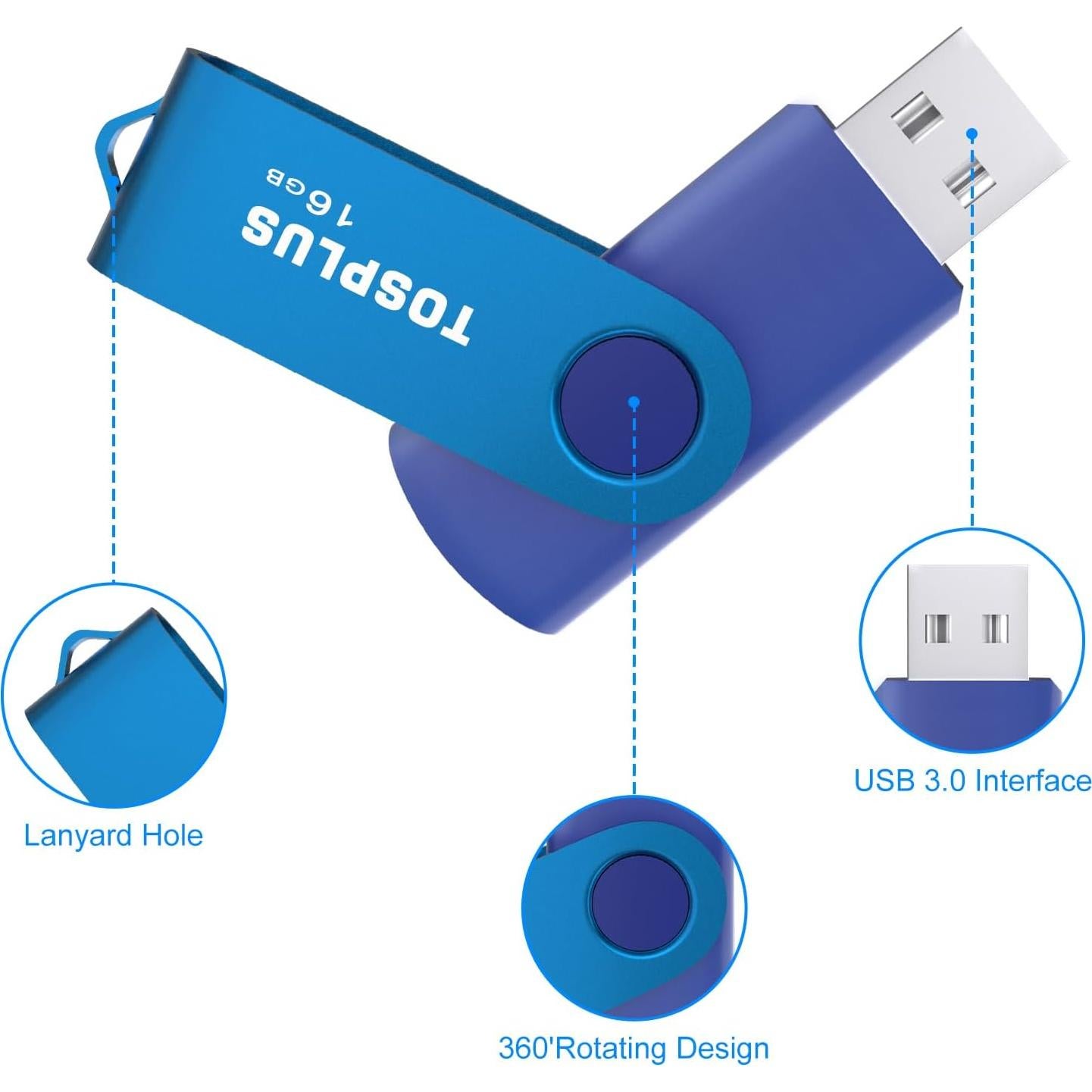 Paquete de 5 Unidades Flash USB 16GB TOSPLUS Giratorio