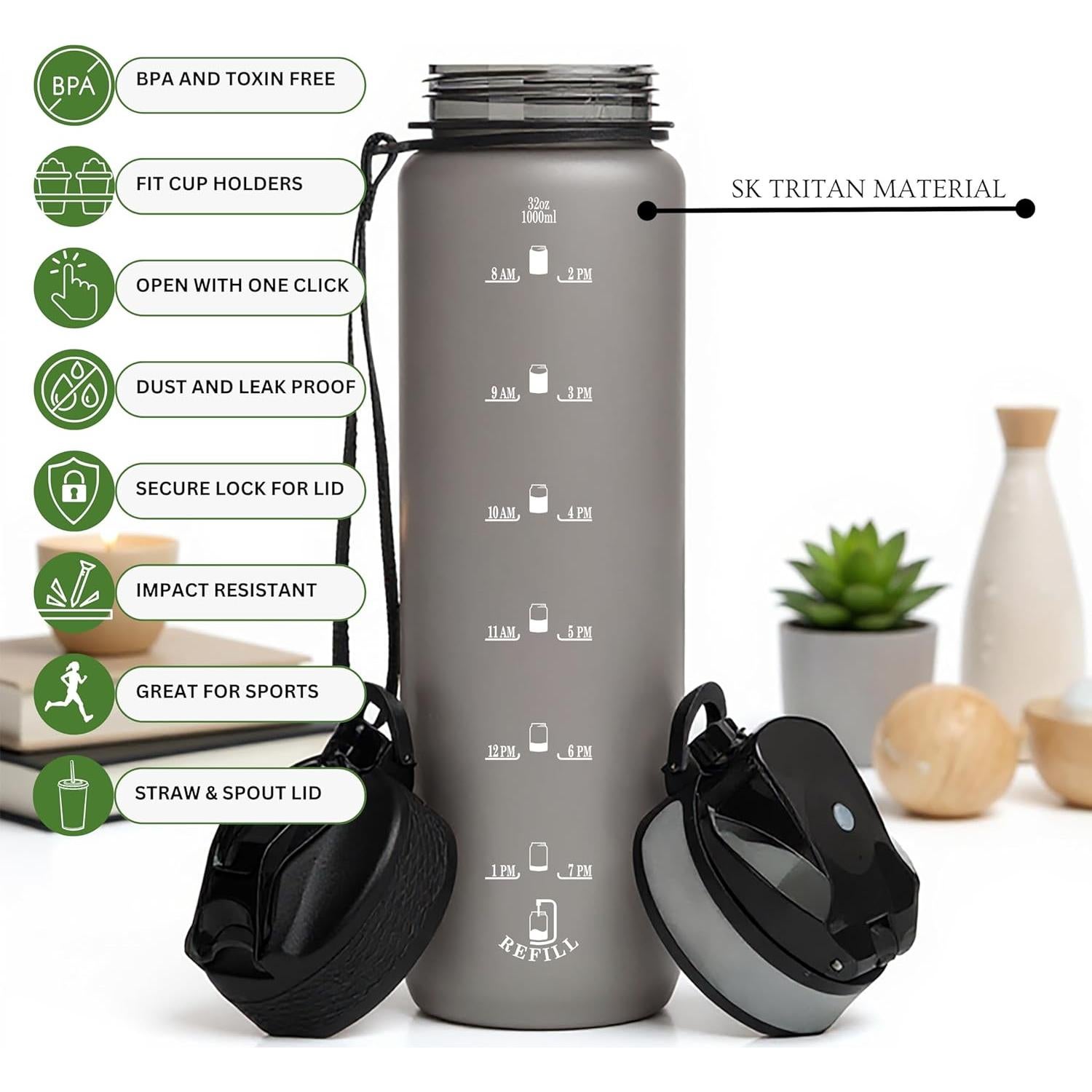 Botella de Agua Reutilizable VINCE+ Titan 32oz Negra con 2 Tapas